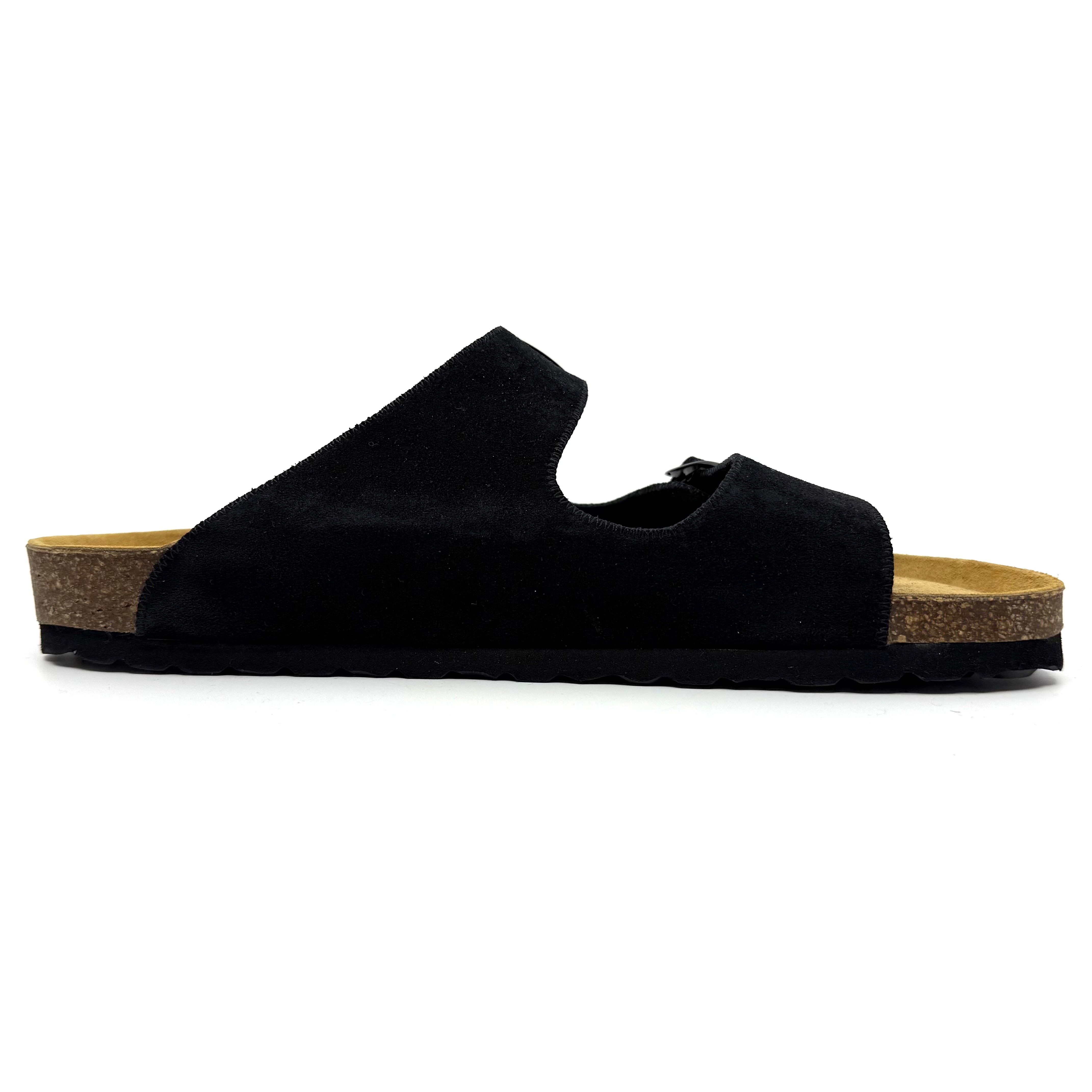 Black sandal with cork insole on a white background