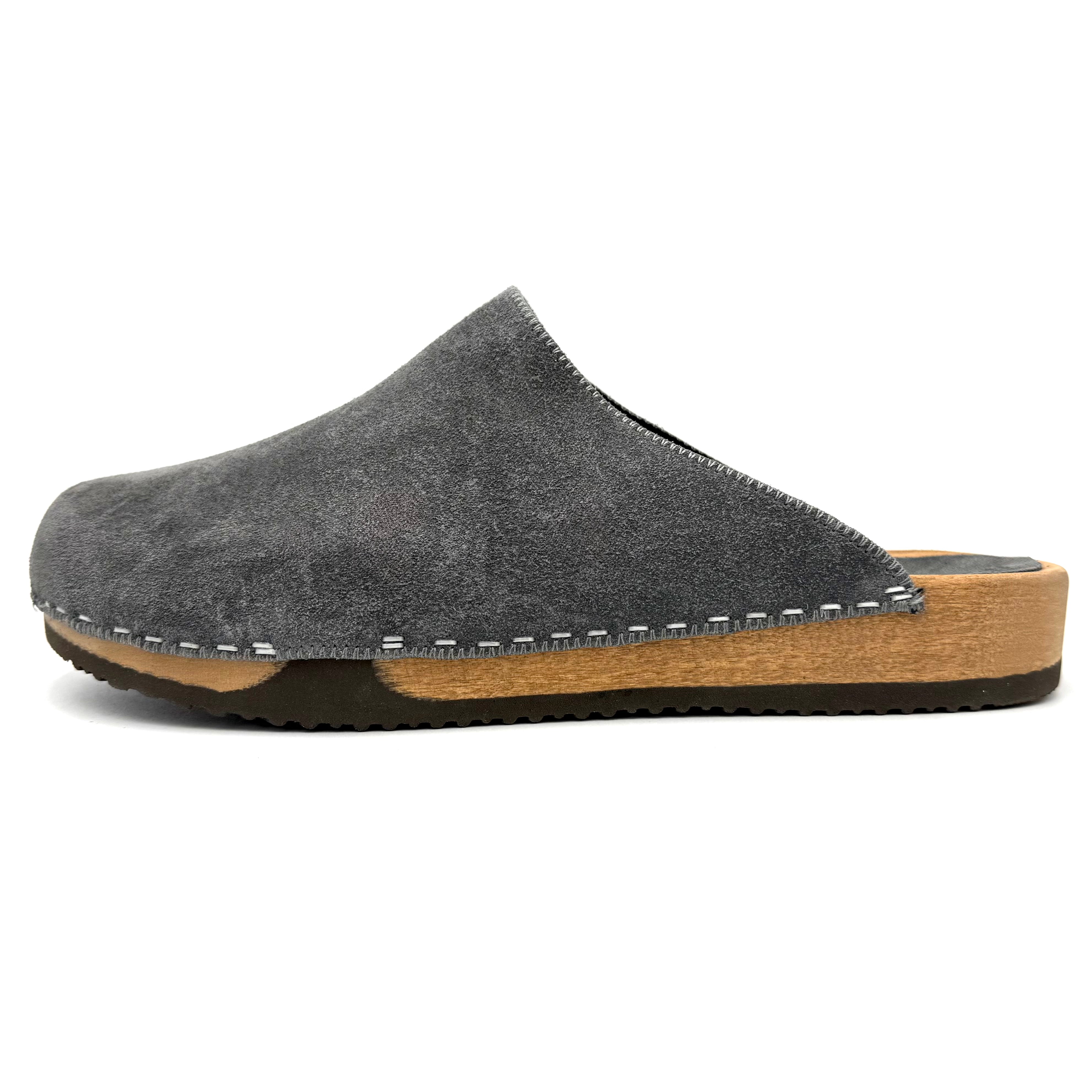 Gray suede clog shoe with wooden sole on a white background