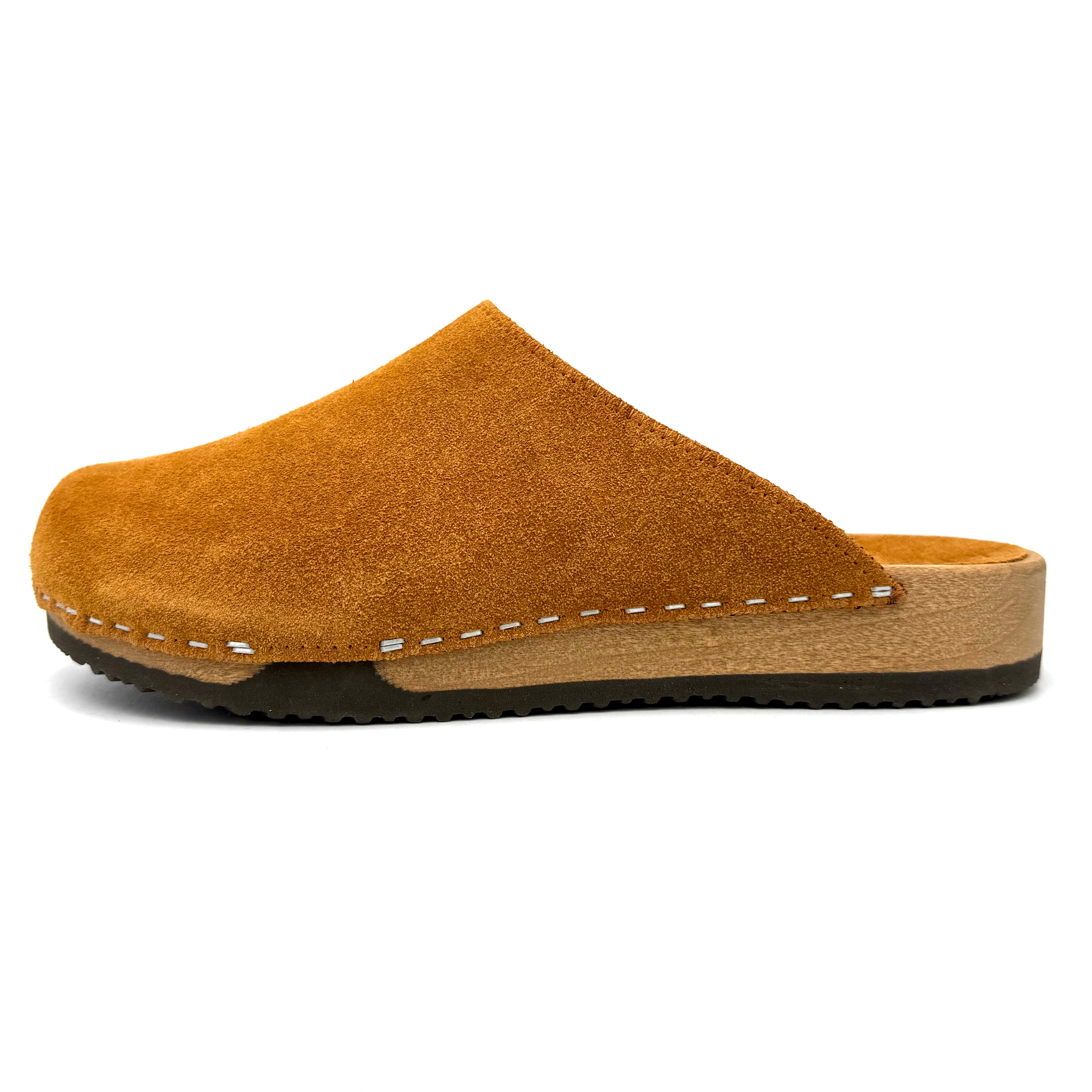 Brown suede clog shoe on a white background
