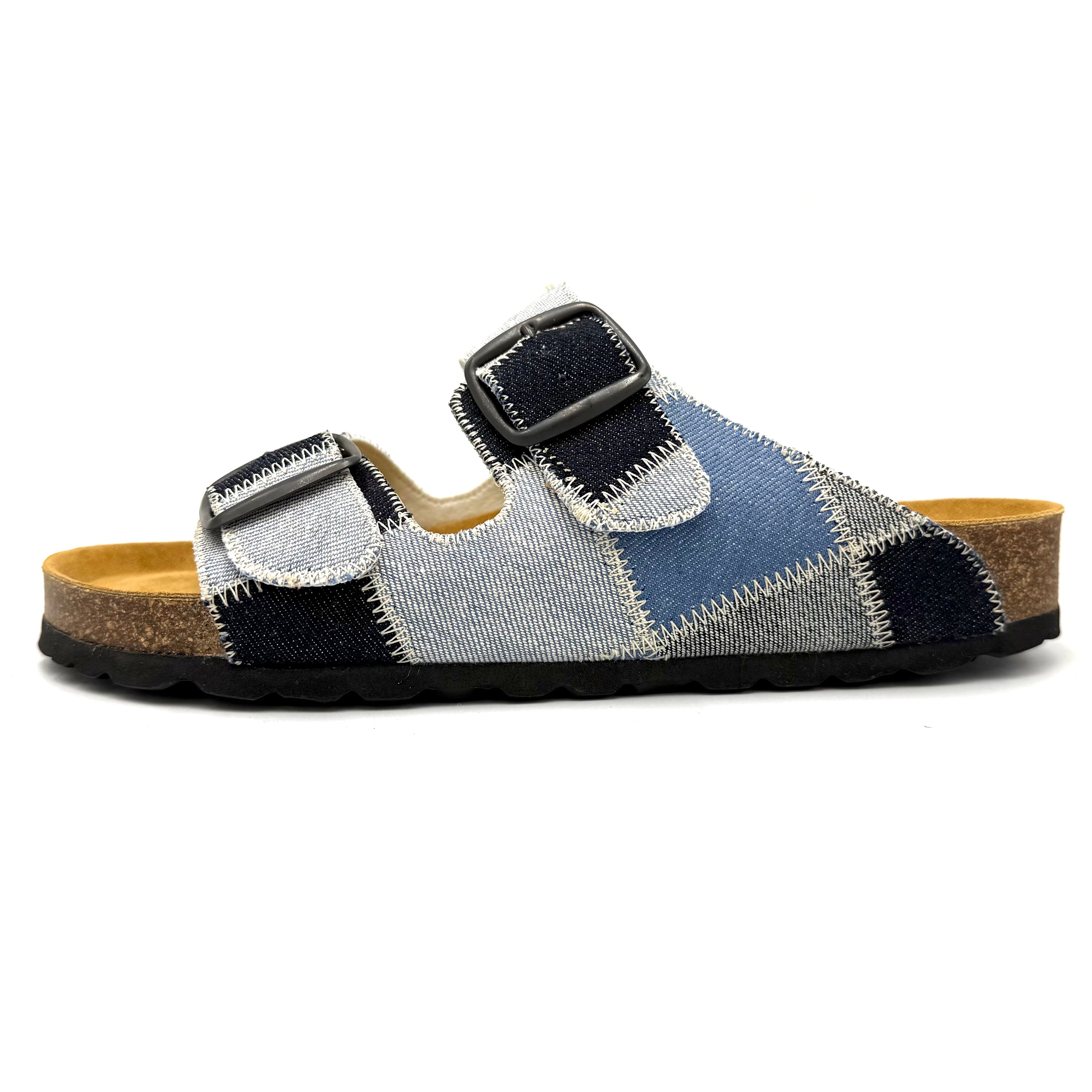 Patchwork sandal with a buckle on a white background