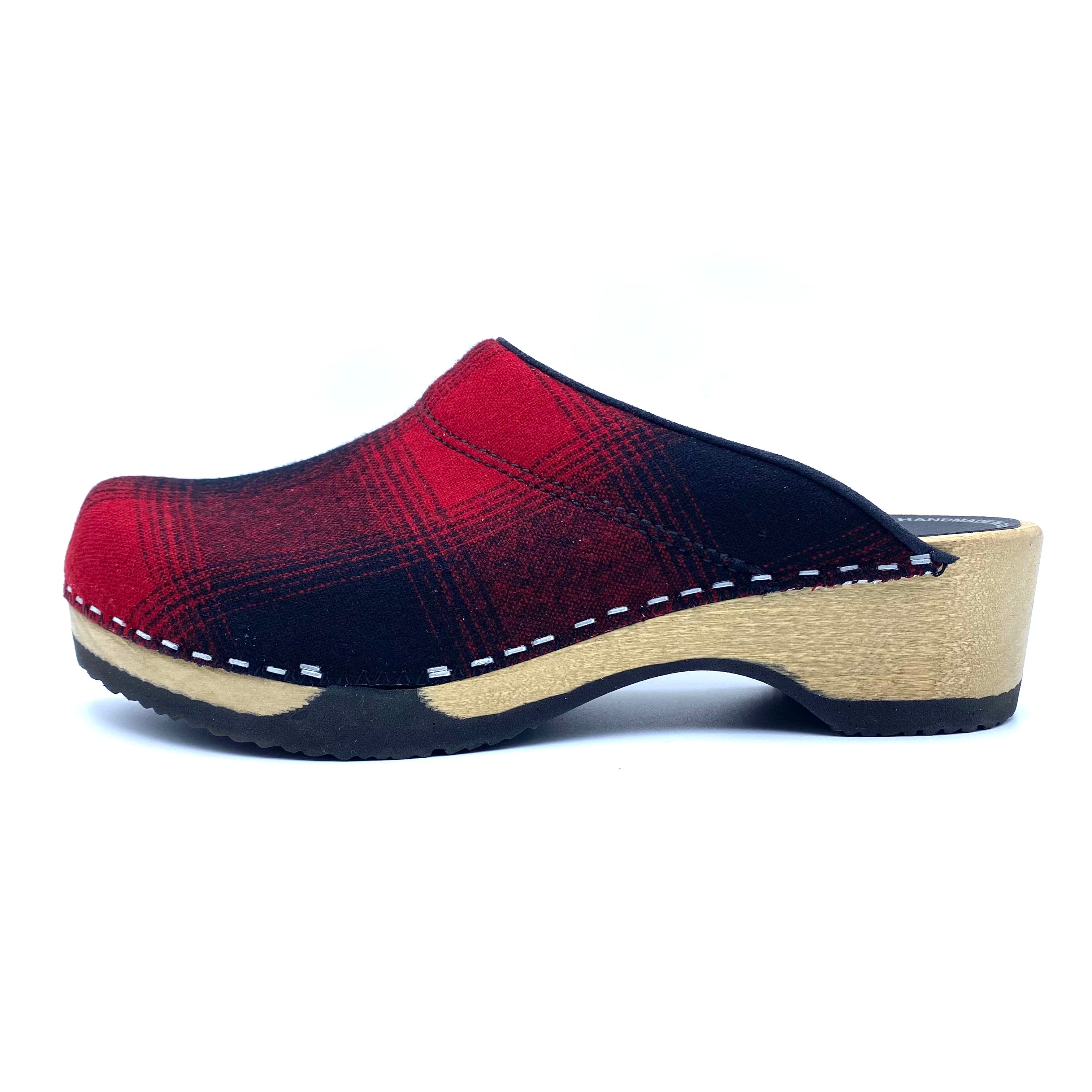 Red and black plaid clog shoe on a white background