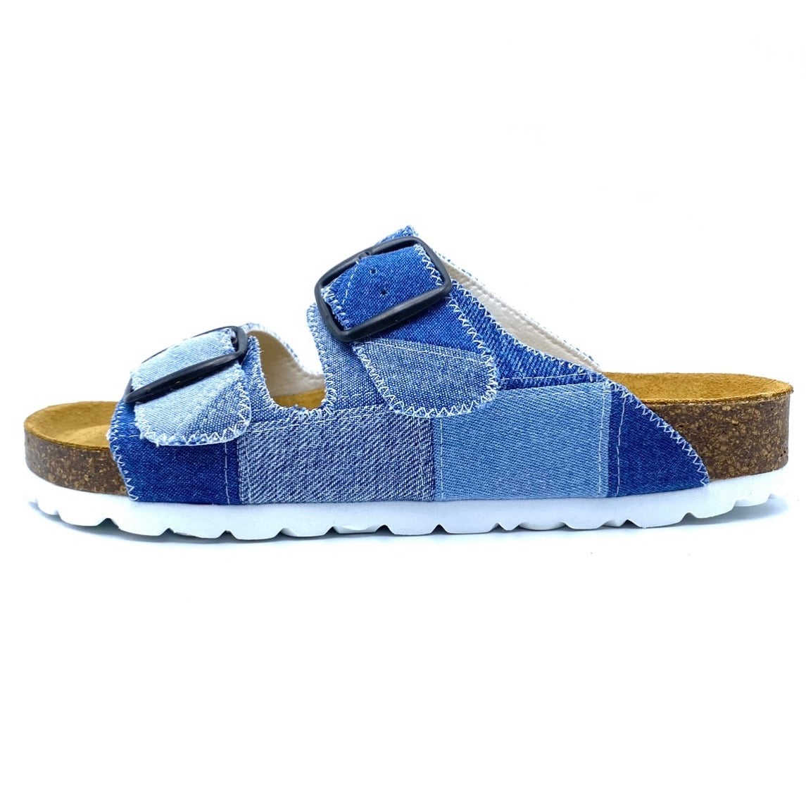 Blue patchwork sandal with a brown insole on a white background