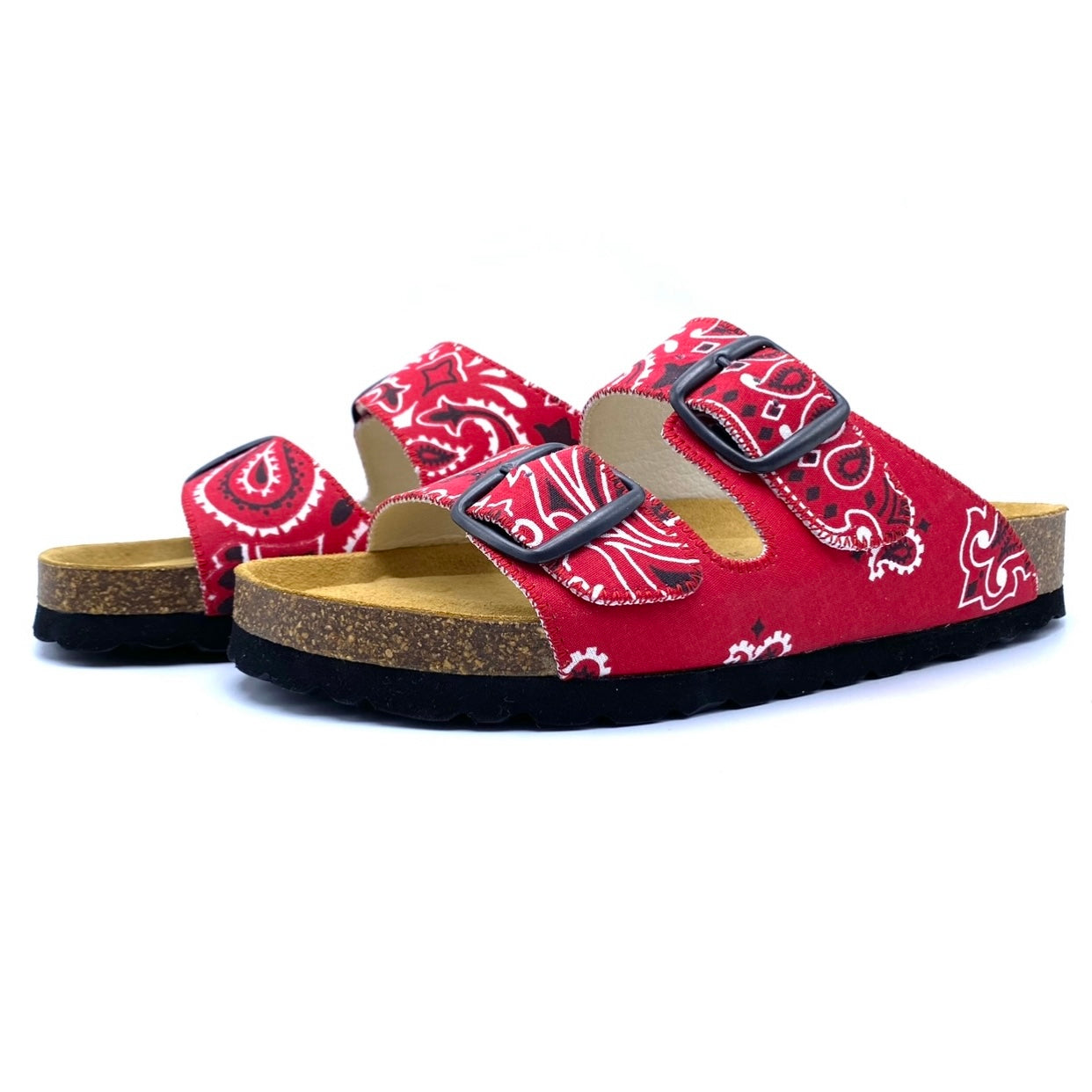 Red sandal with bandana pattern on a white background