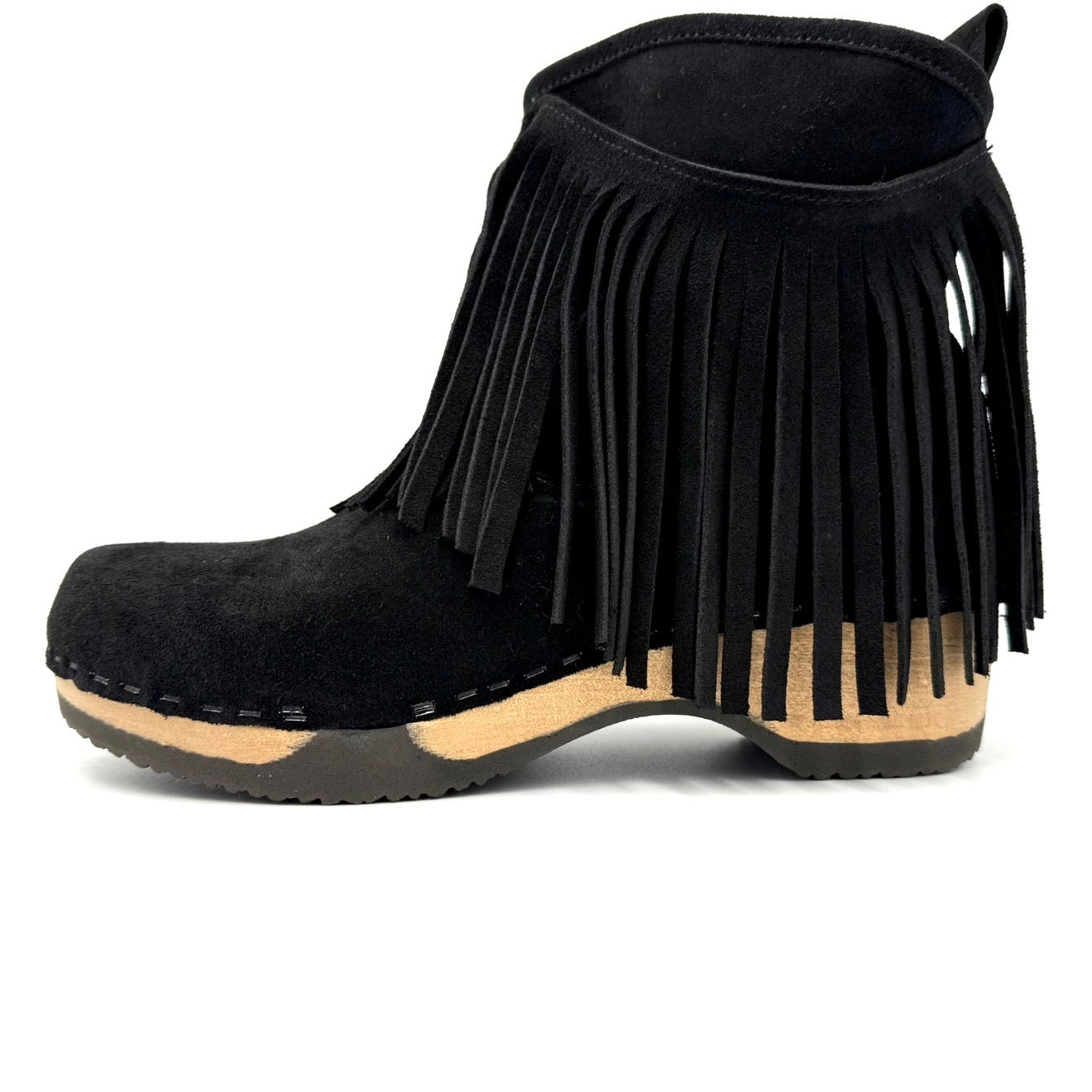 Black suede fringe boot on a white background