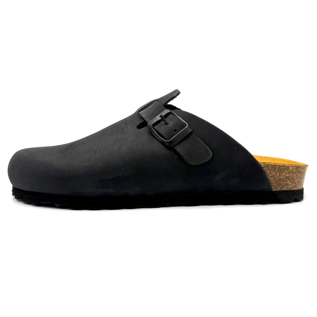 Black clog shoe with a buckle on a white background