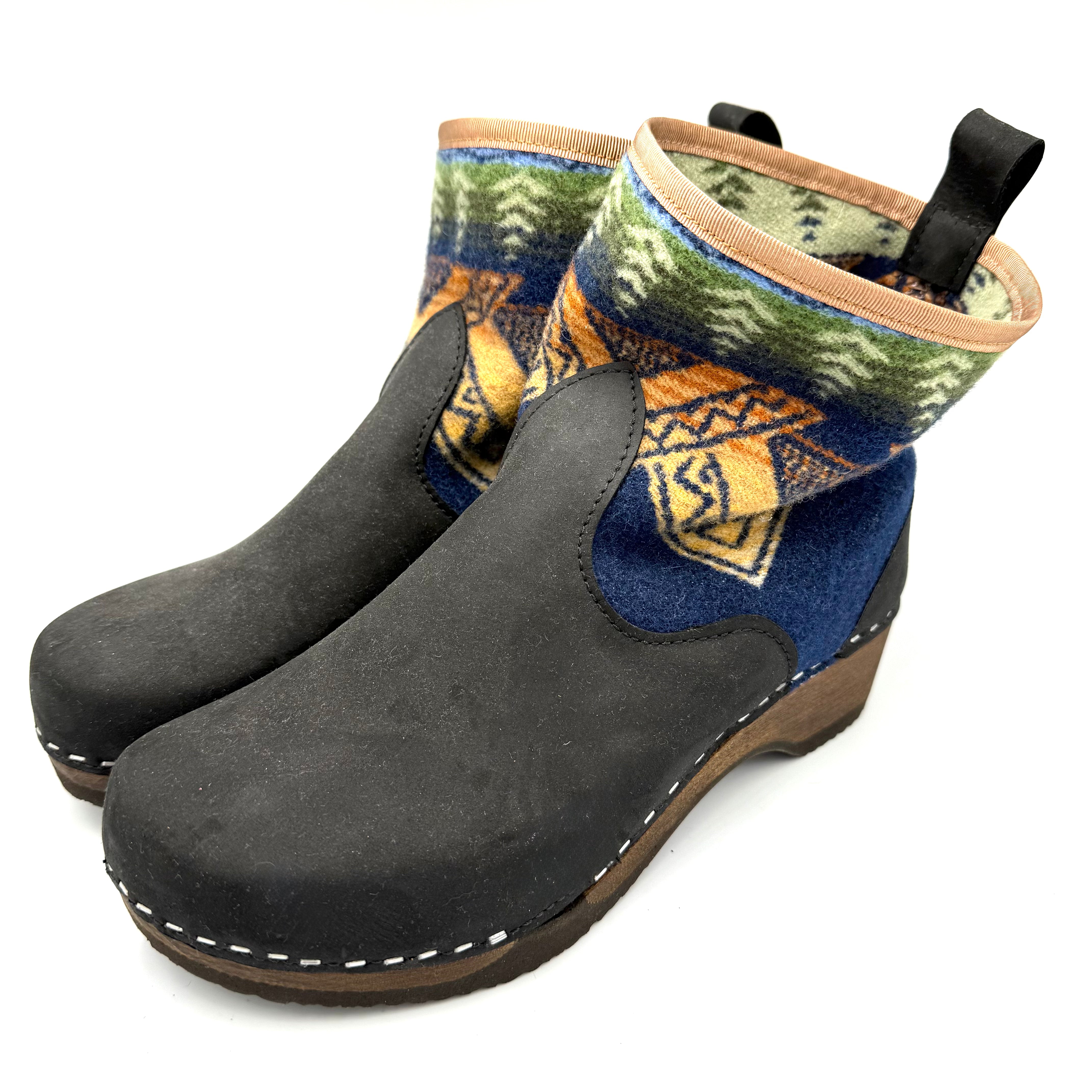 Pair of black ankle boots with patterned cuffs on a white background