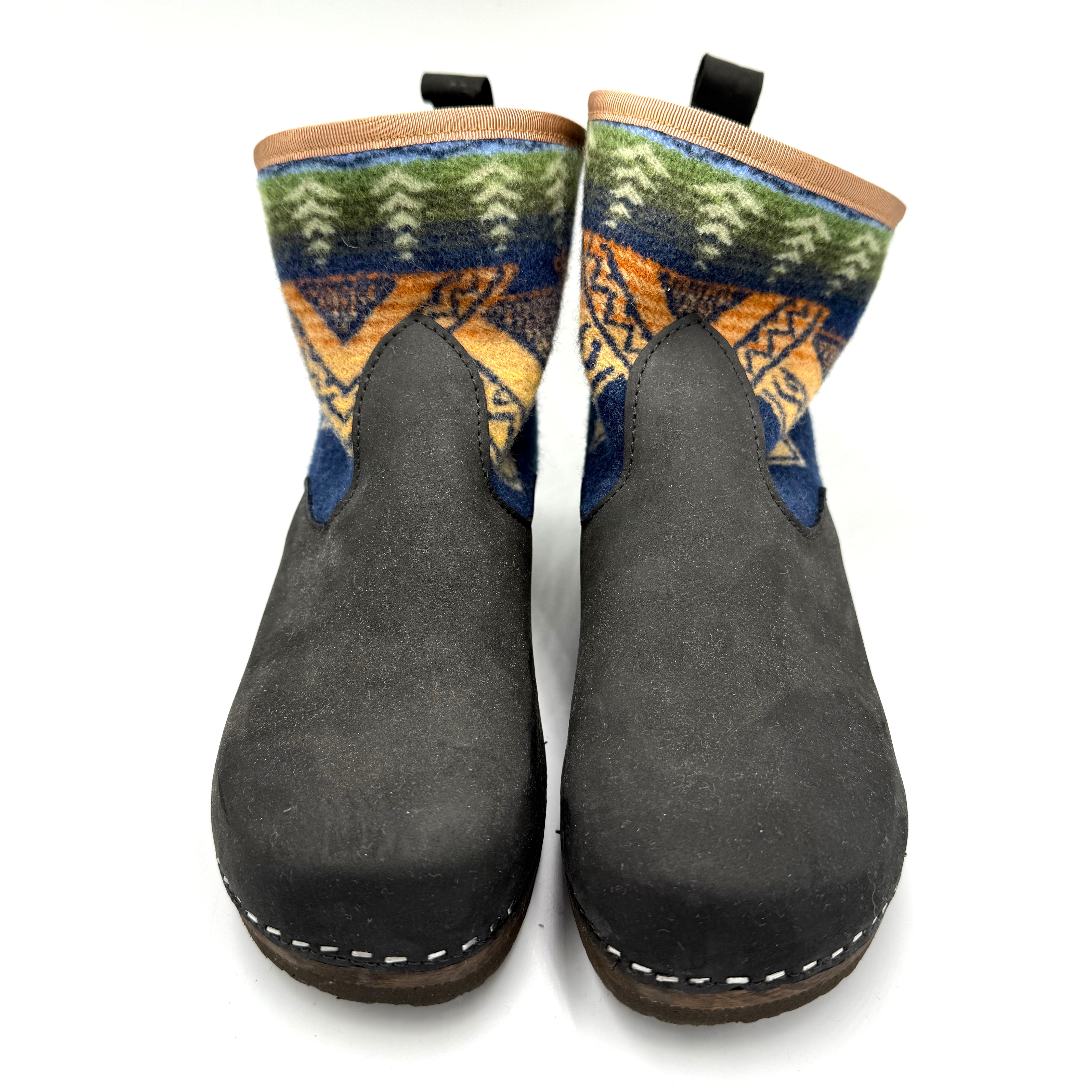 Pair of gray boots with patterned tops on a white background