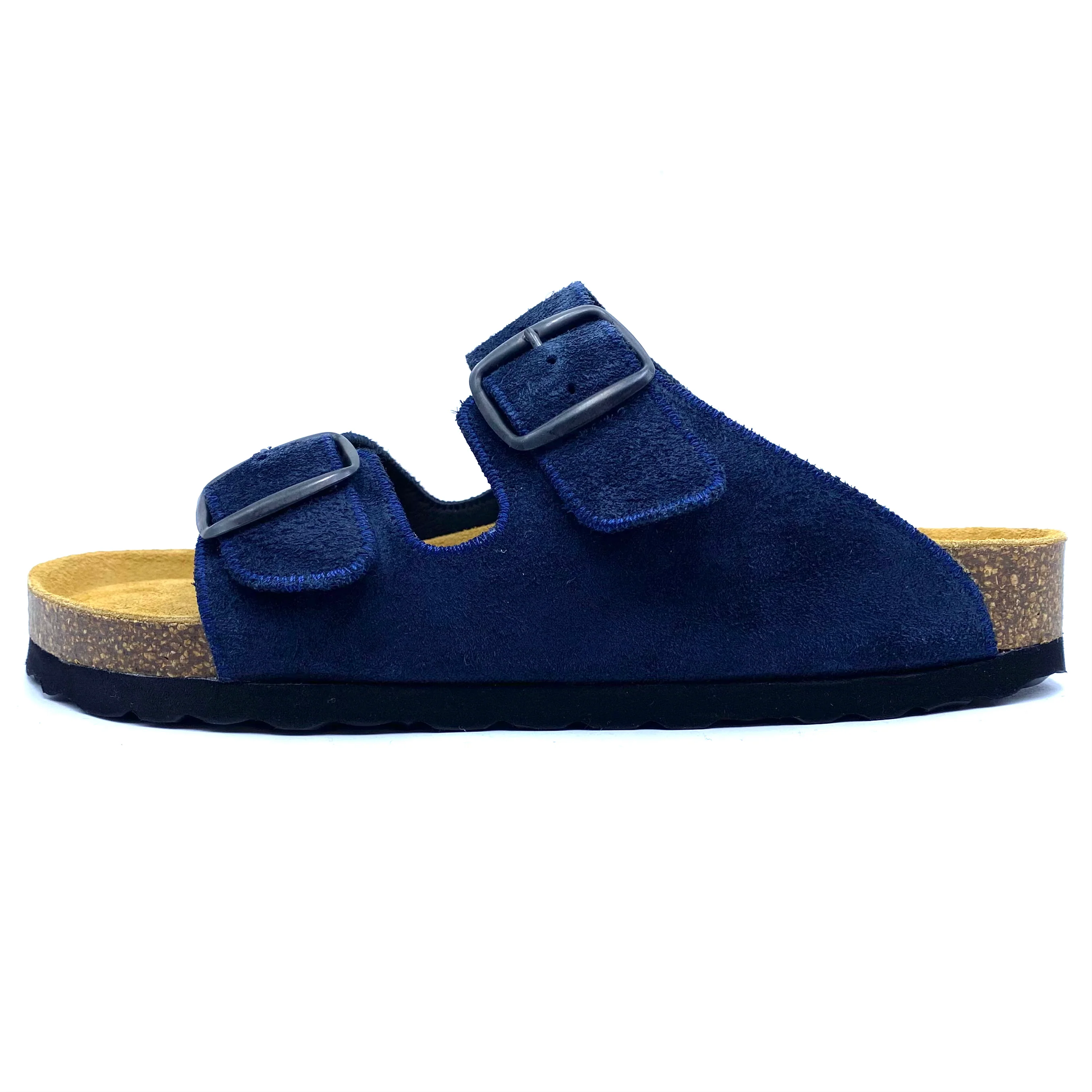 Blue suede sandal with a buckle on a white background