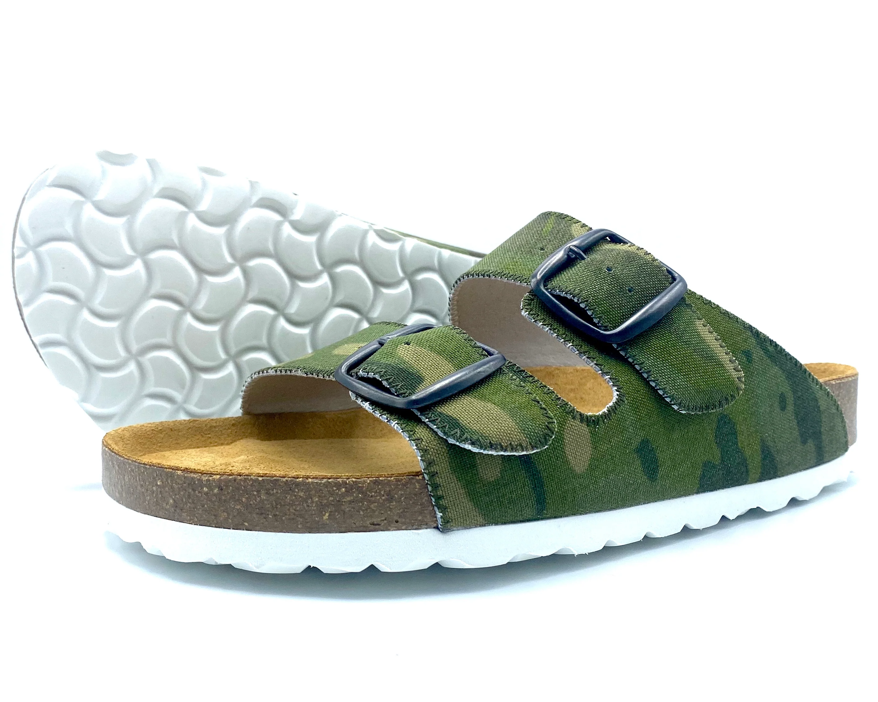 Green camouflage sandal with a white sole on a white background