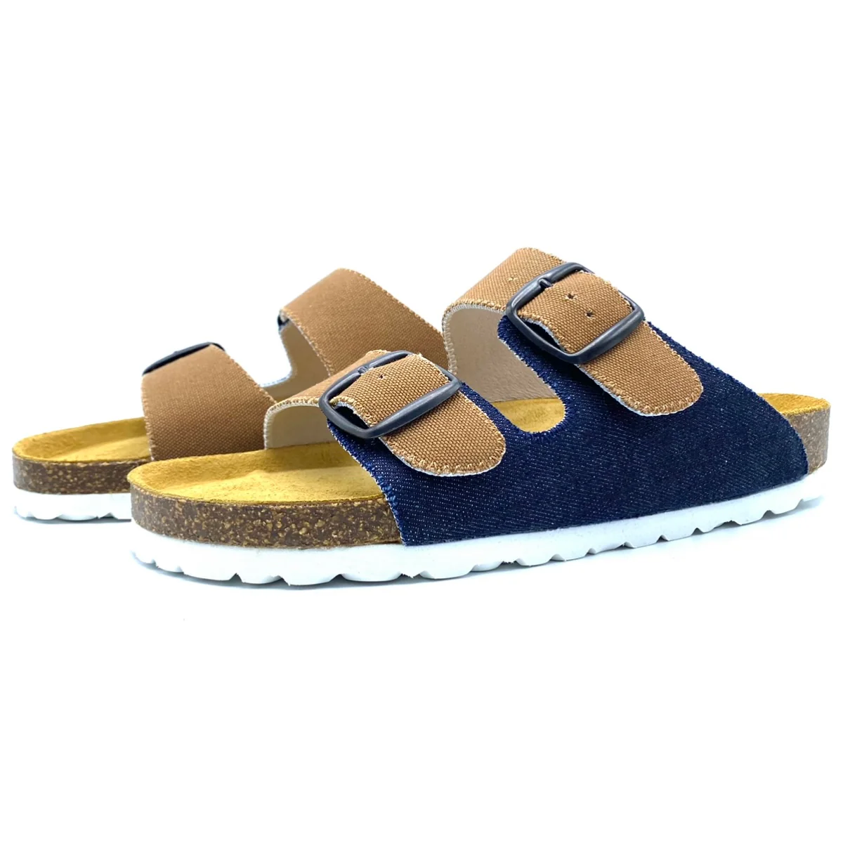 Pair of sandals with blue and brown straps on a white background