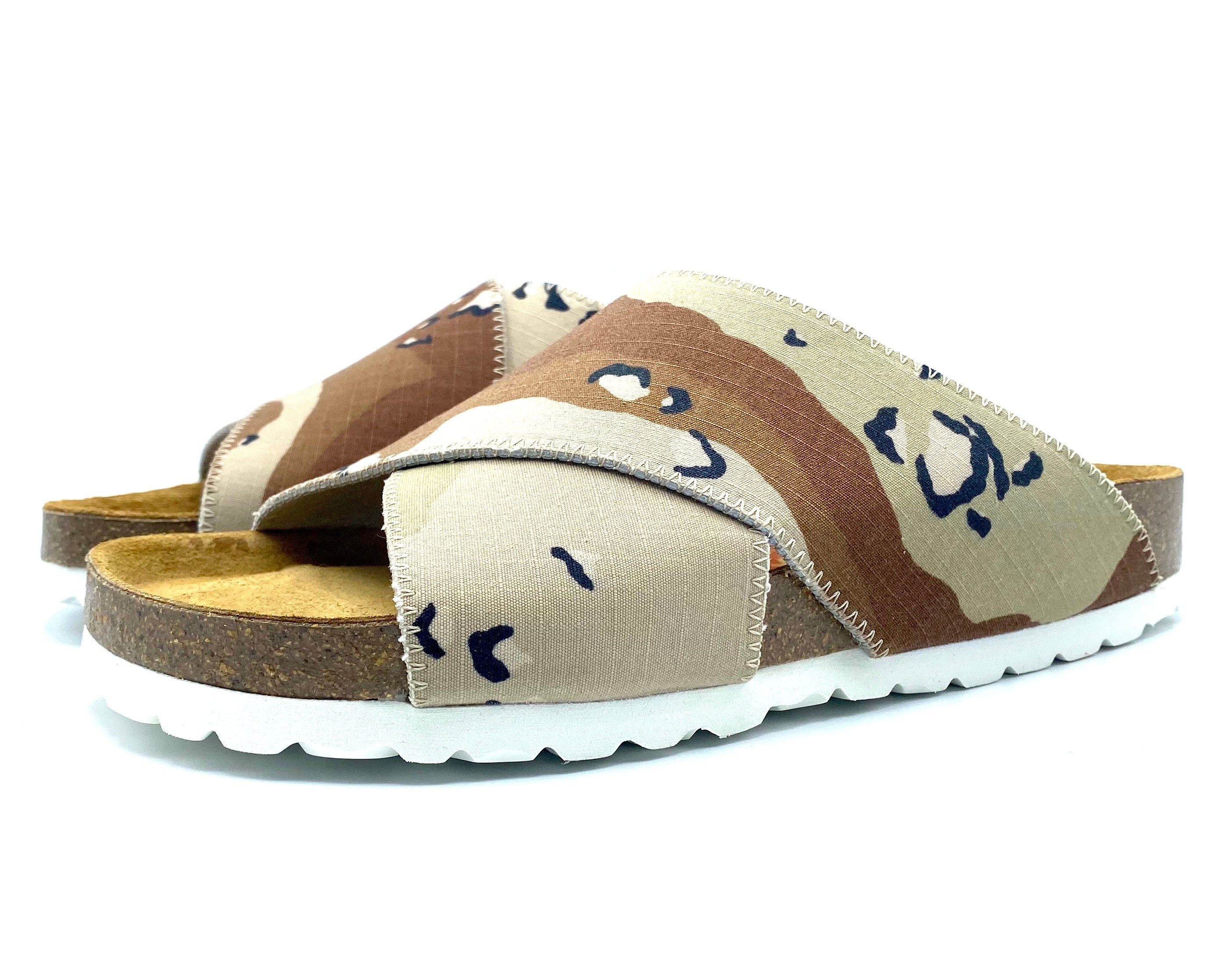 Pair of sandals with a bear design on a white background