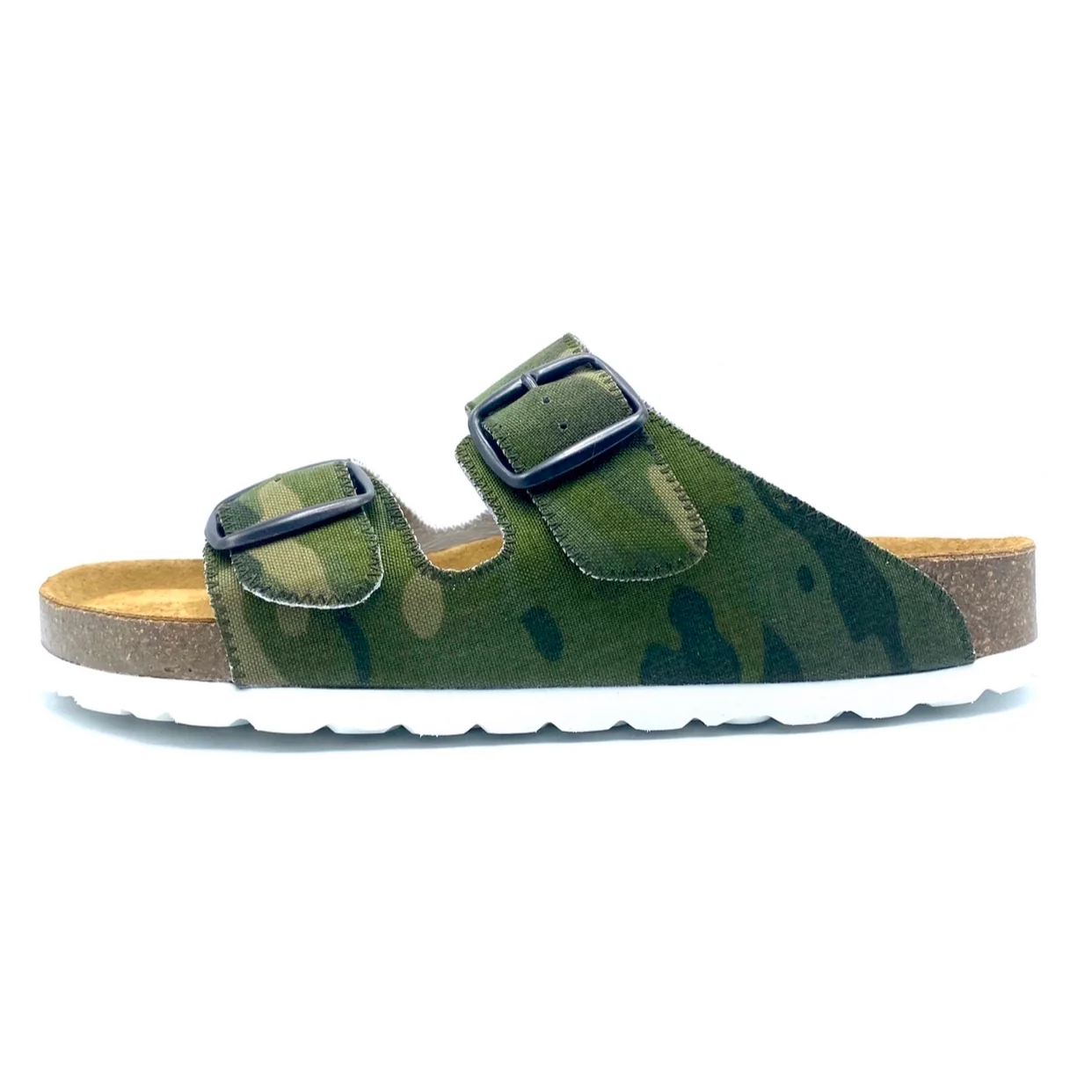 Green camouflage sandal with a white sole on a white background