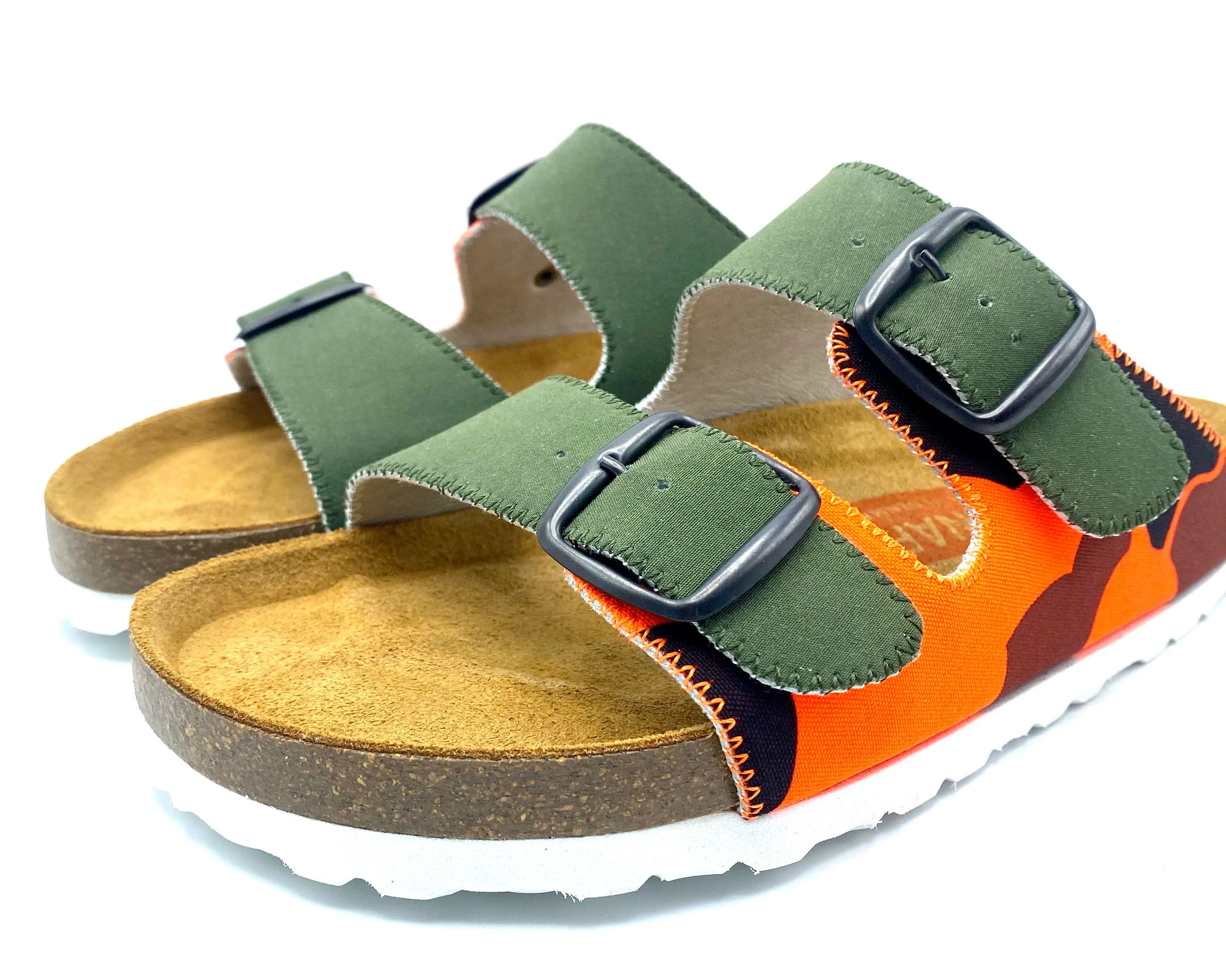 Colorful sandals with green straps and orange sole on a white background