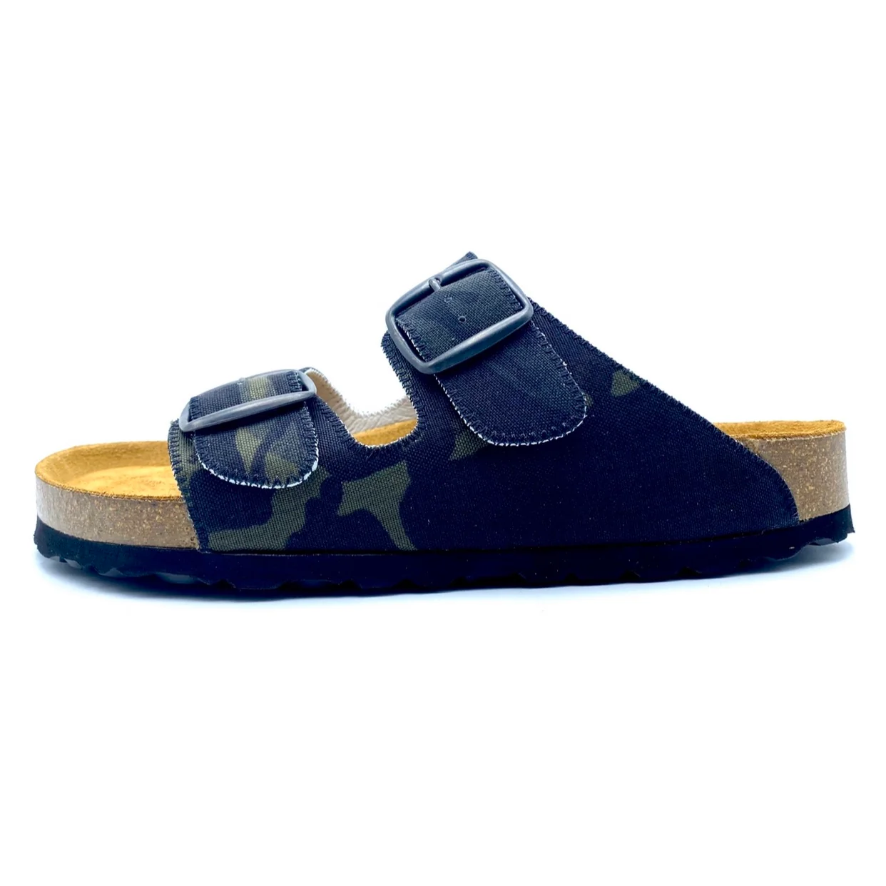 Navy blue sandal with camouflage pattern and brown insole on a white background