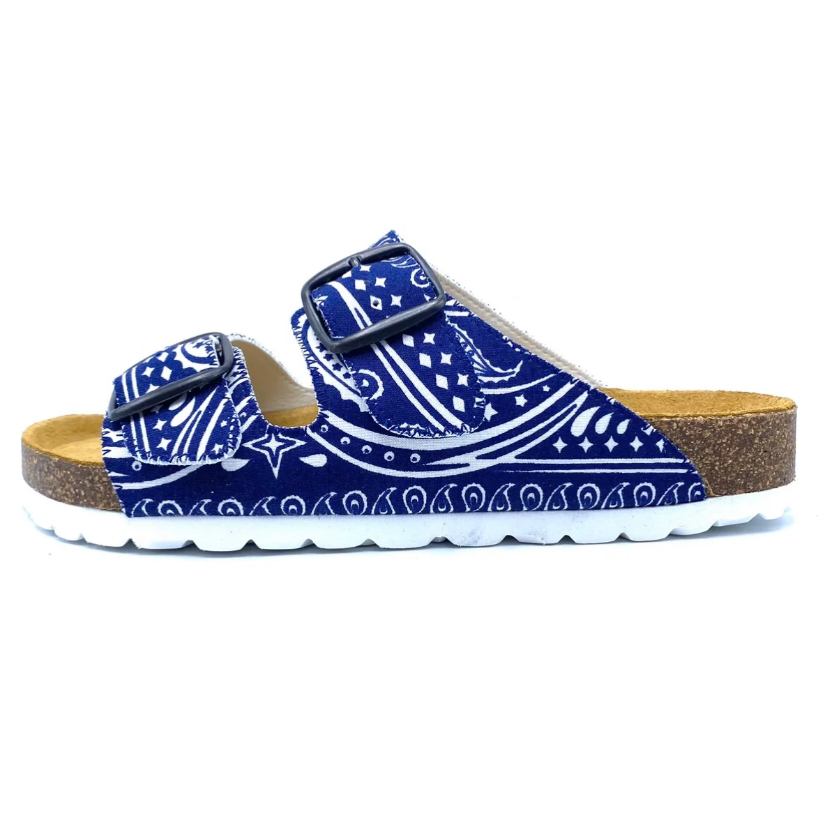 Blue bandana-patterned sandal with cork sole on a white background