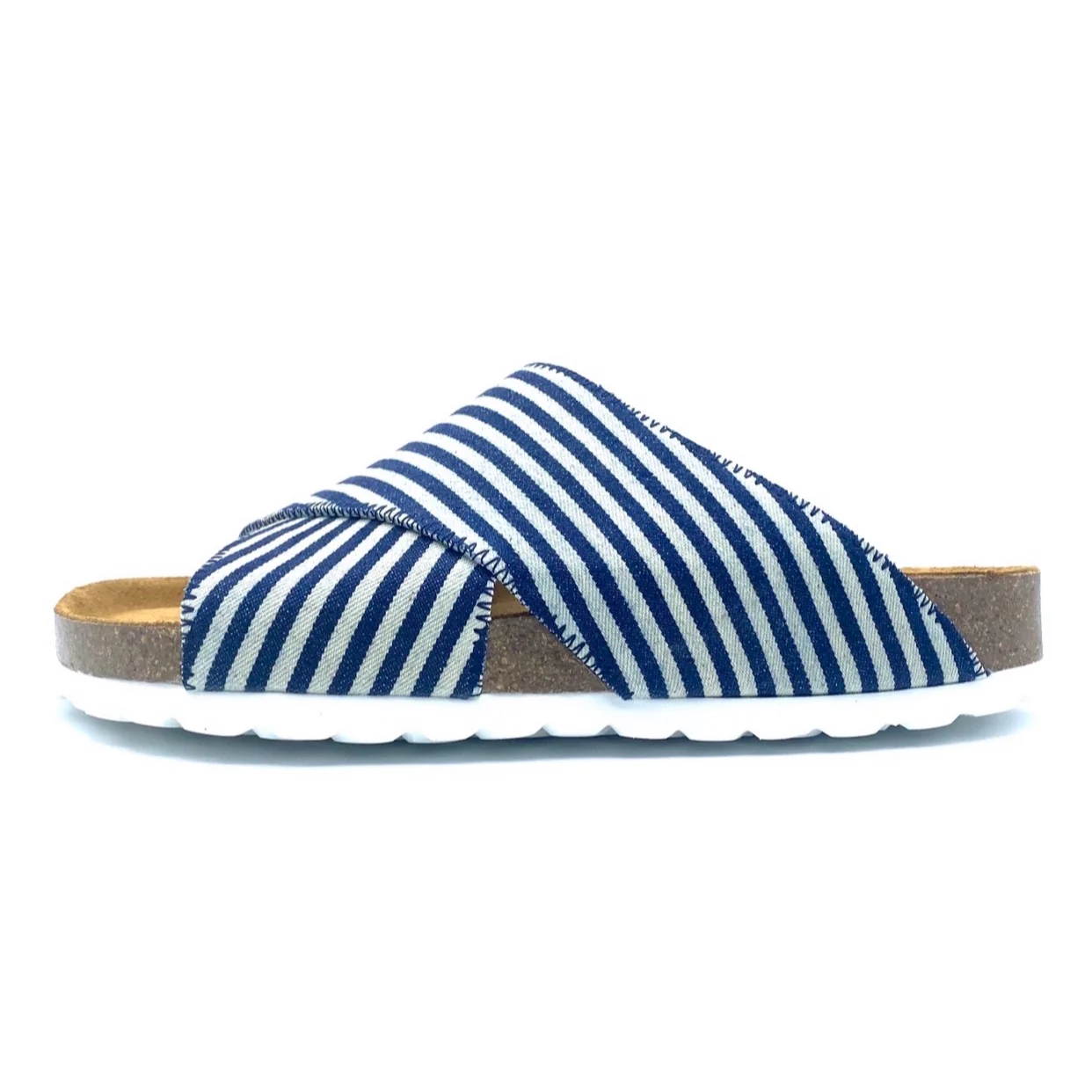 Blue and white striped sandal on a white background