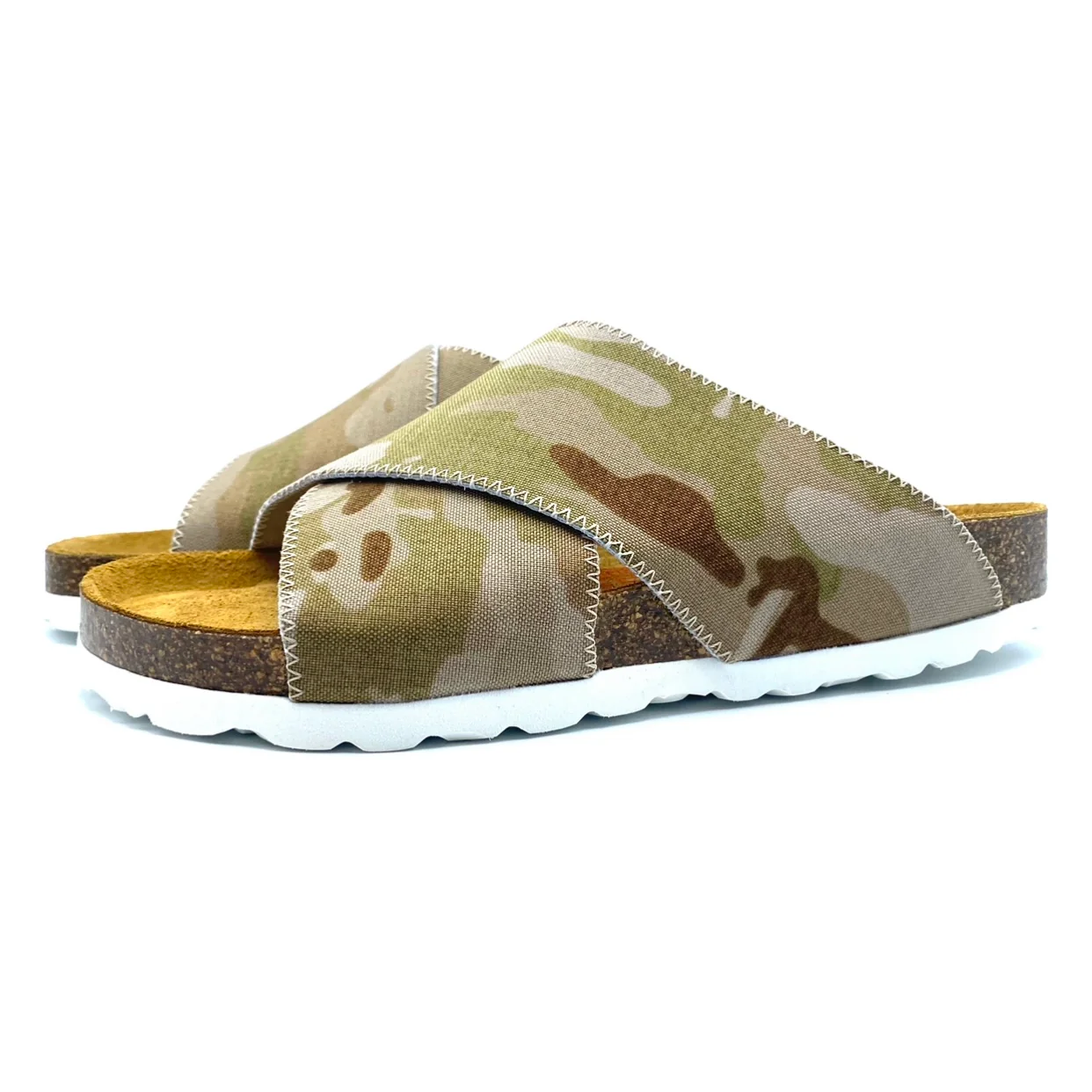 Camouflage-patterned slide sandals with white sole on a white background