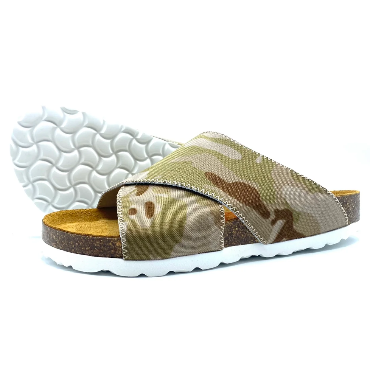Camouflage slide sandal with white sole on a white background