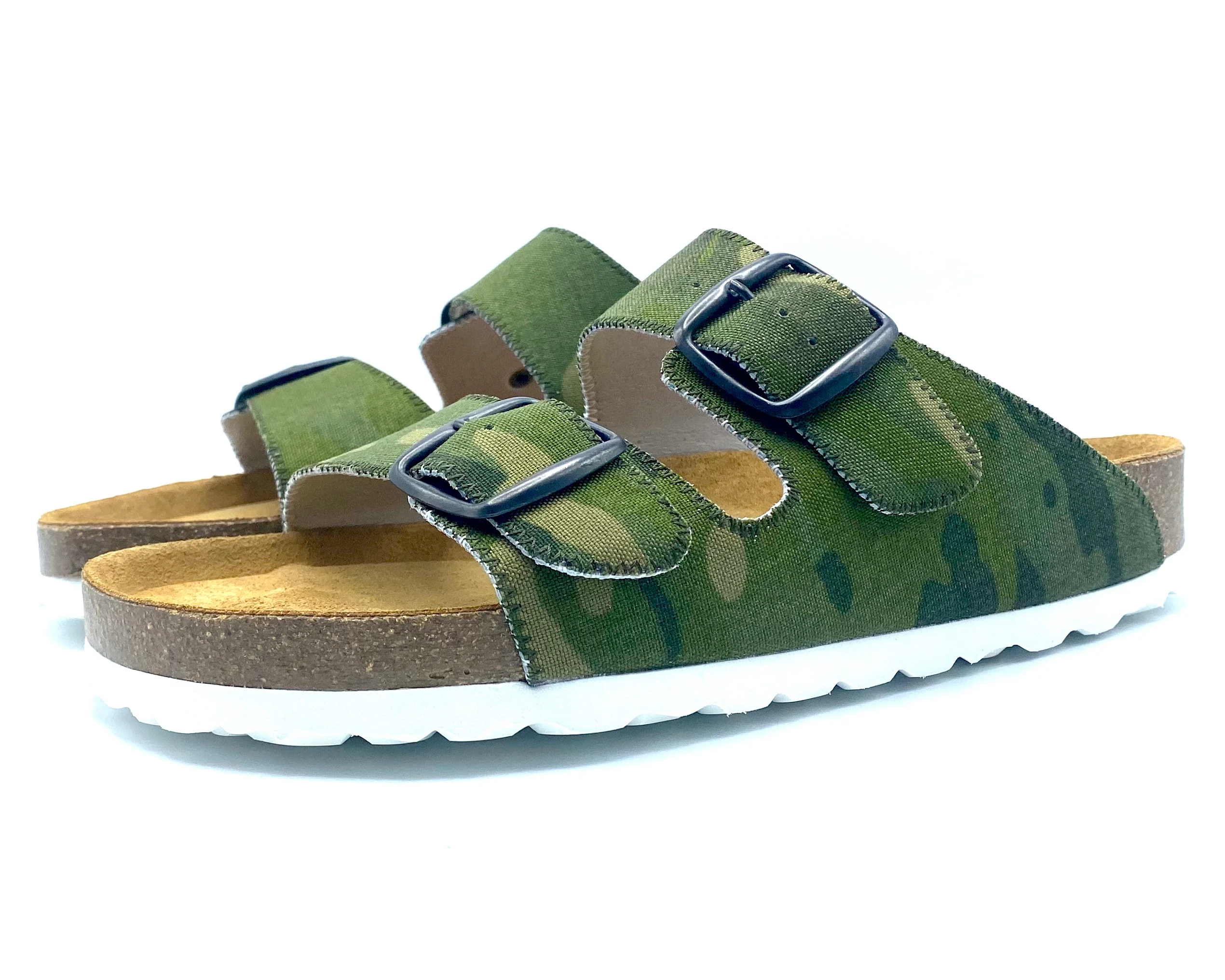 Green camouflage sandals with brown soles on a white background