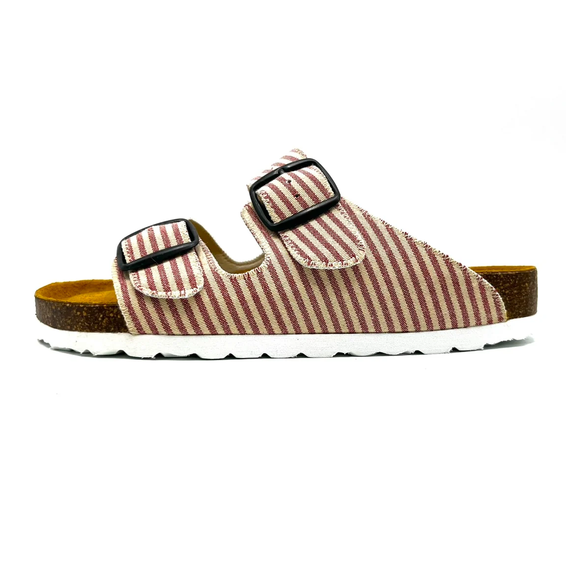 Striped sandal with a buckle on a white background