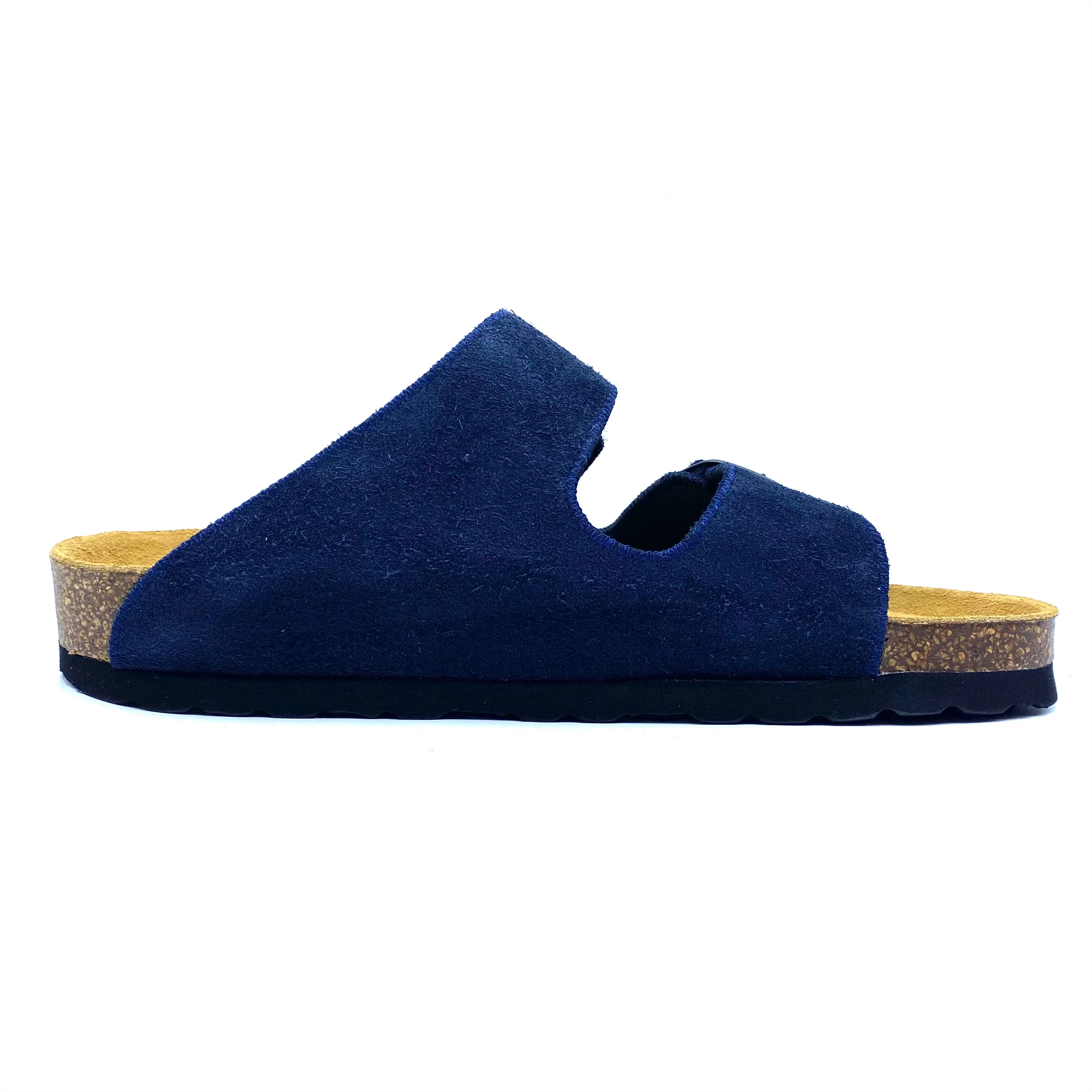 Blue slipper with cork sole on a white background
