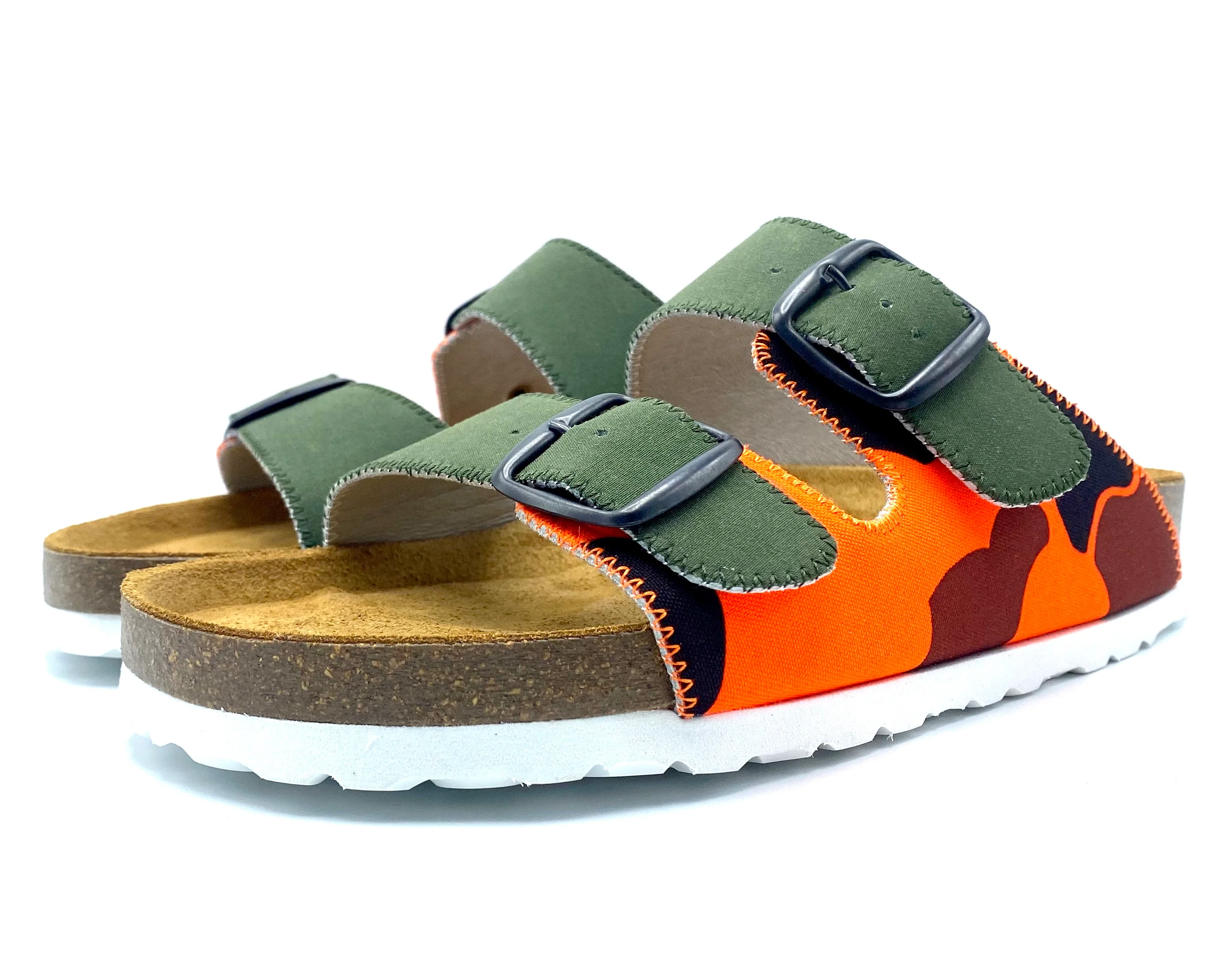 Colorful sandals with green, orange, and brown straps on a white background