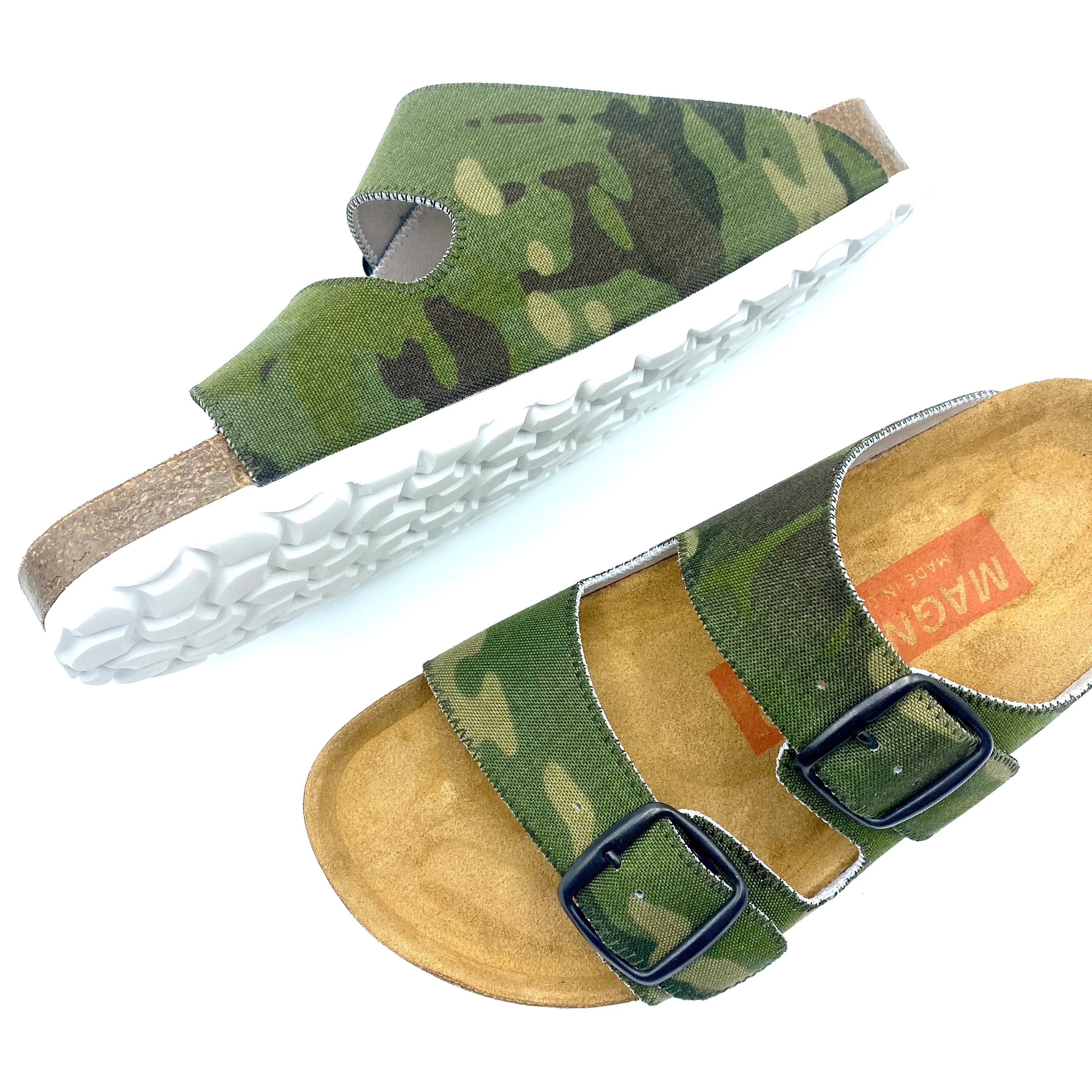 Camouflage-patterned sandal with a white sole on a white background