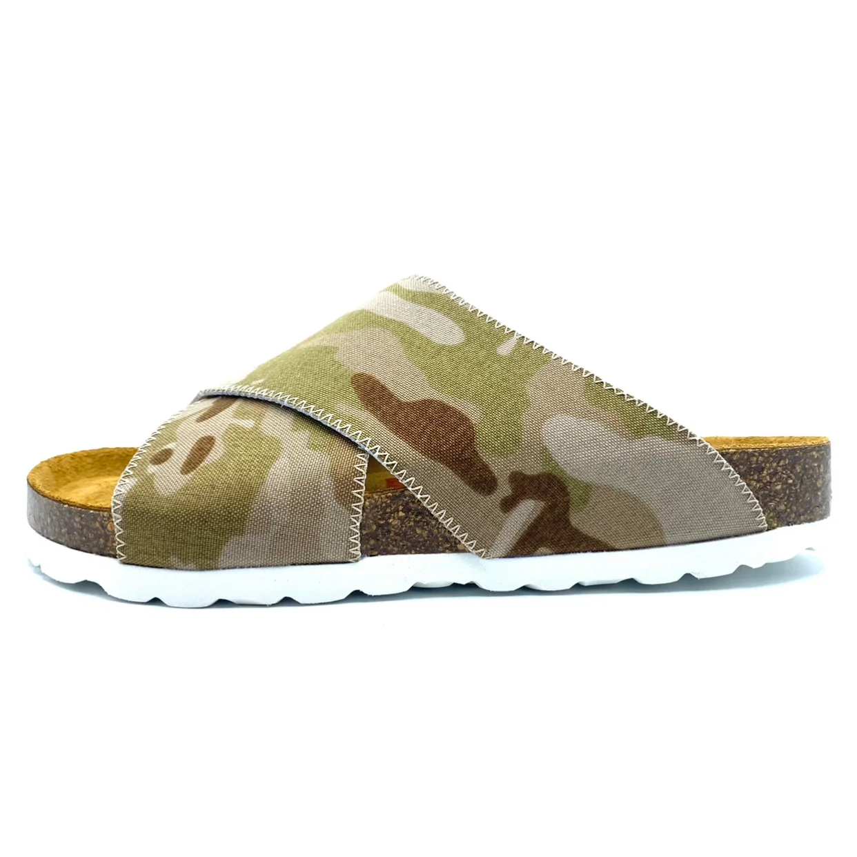 Camouflage-patterned sandal with a white sole on a white background