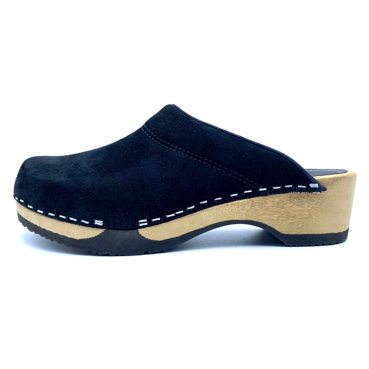 Black suede clog shoe with a wooden sole on a white background