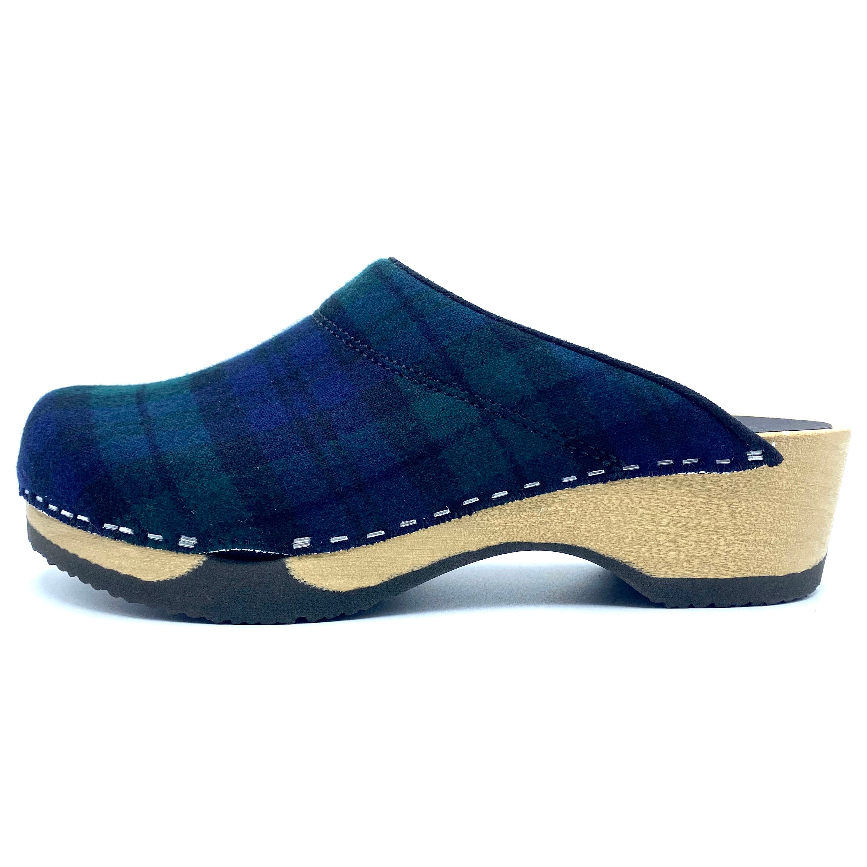 Blue plaid clog shoe on a white background
