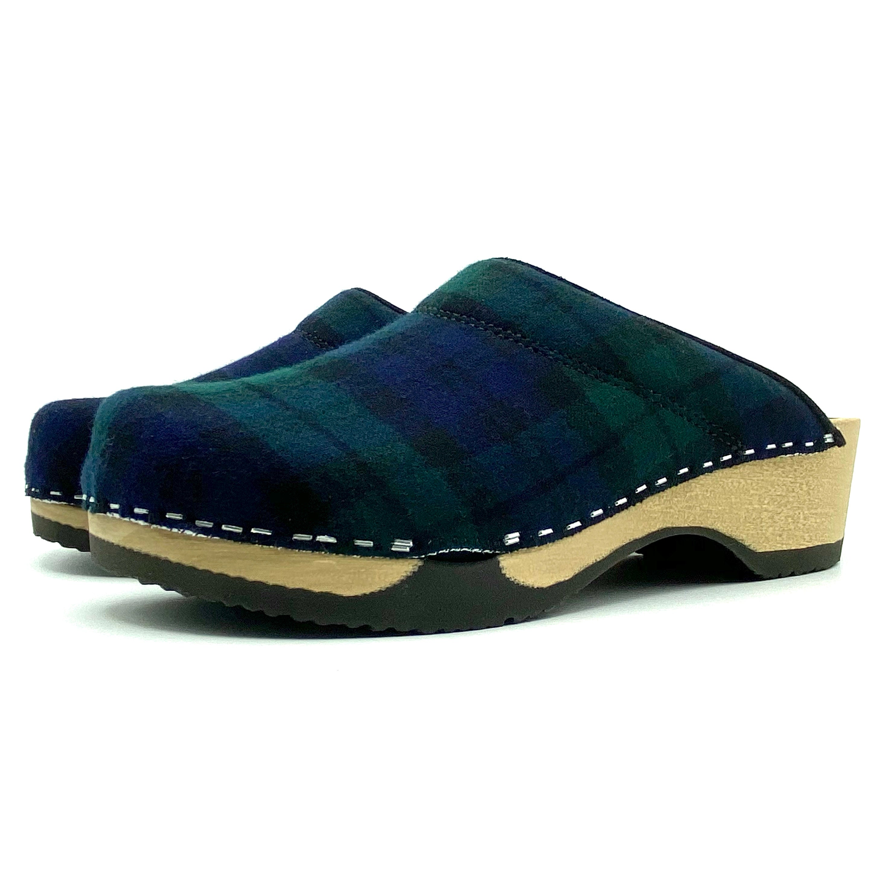 Blue plaid clog shoe on a white background