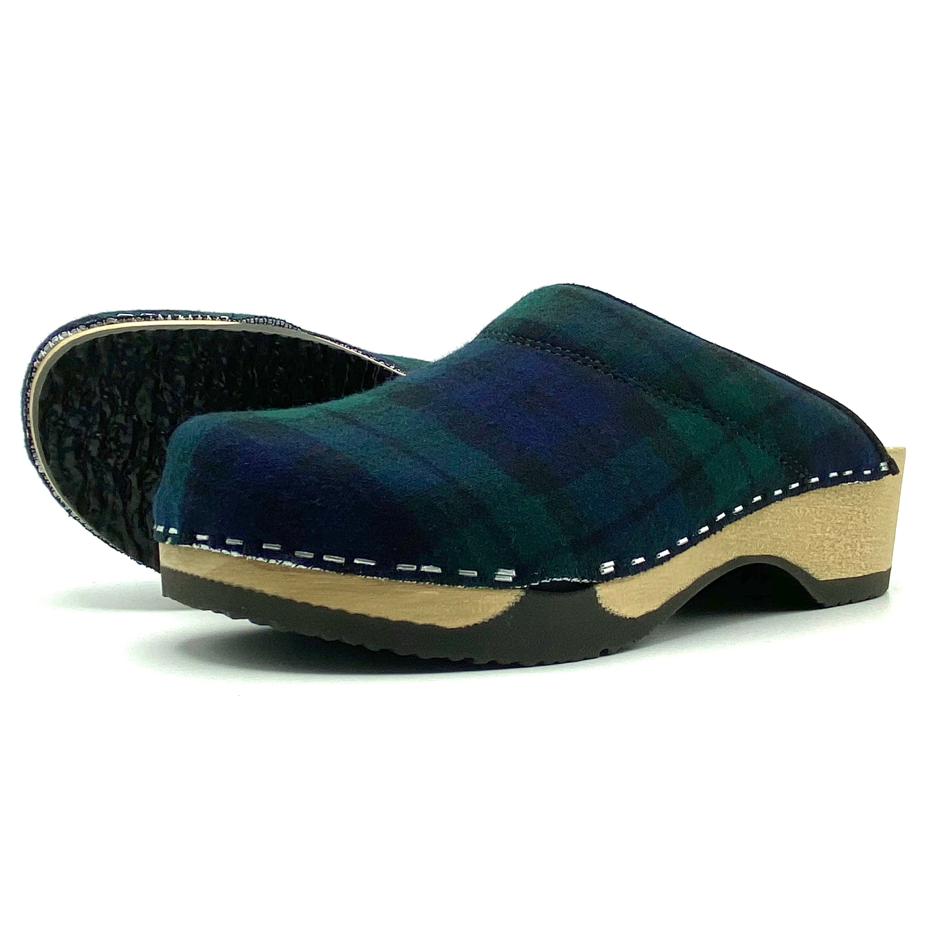 Blue plaid clog shoe on a white background