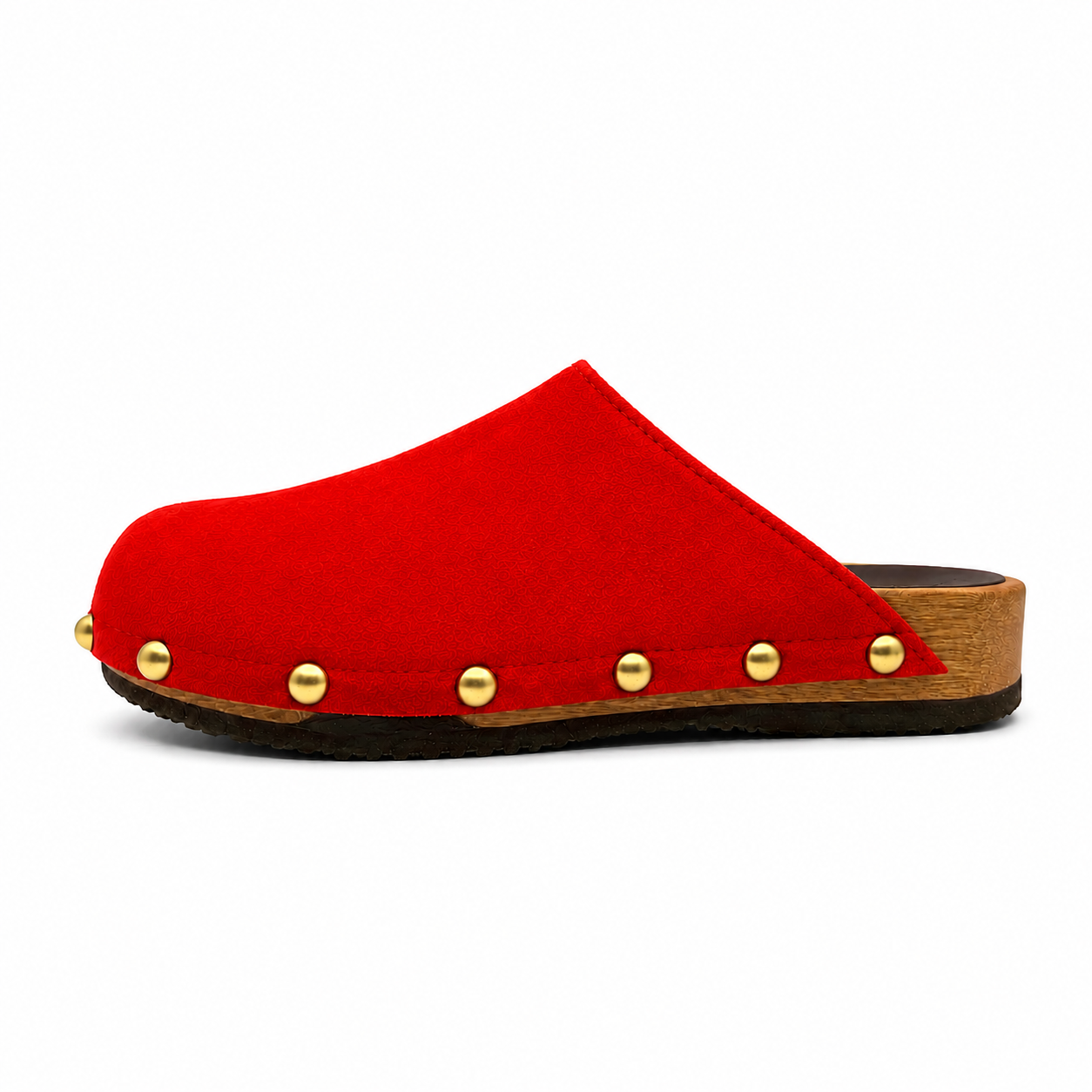 Postkasse rød suede studs clog shoe on a white background