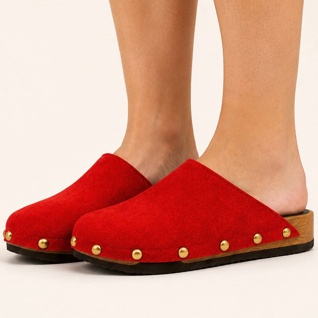 Postkasse rød suede studs clog shoe on a white background