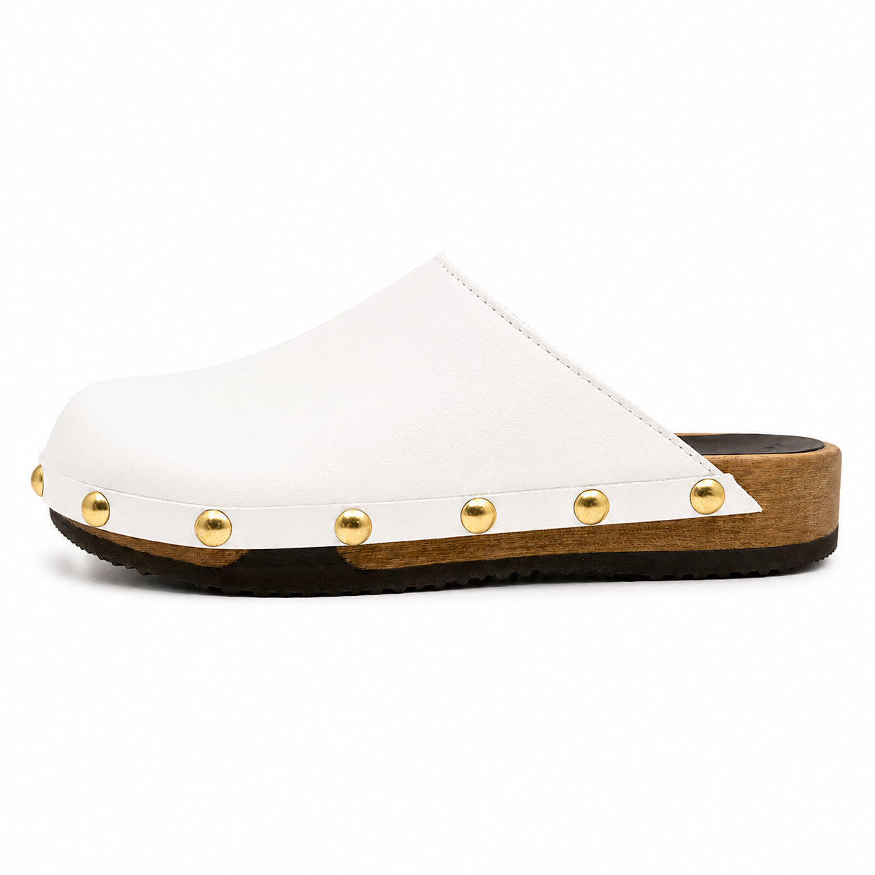 White leather studs clog shoe on a white background