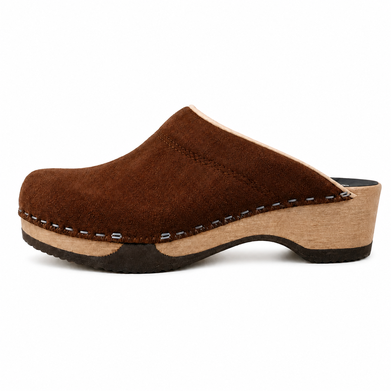 Chocolate suede clog shoe on a white background