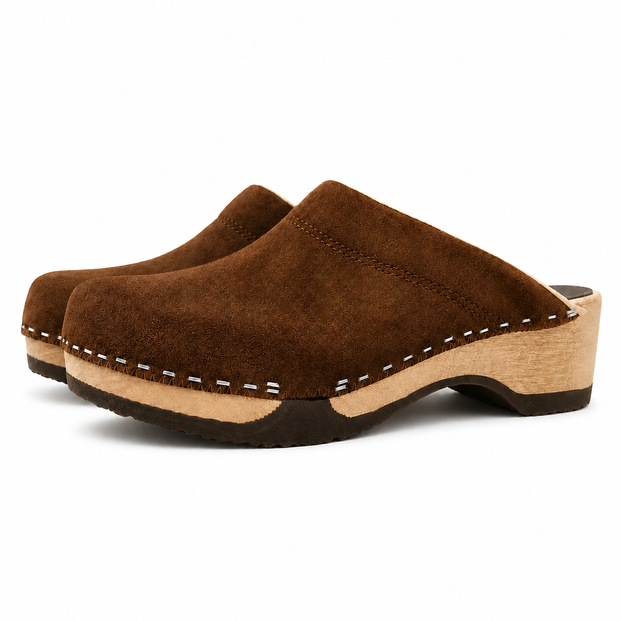 Chocolate suede clog shoe on a white background
