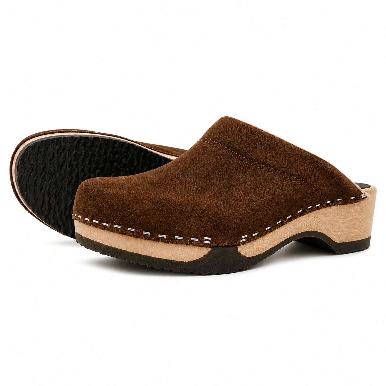 Chocolate suede clog shoe on a white background
