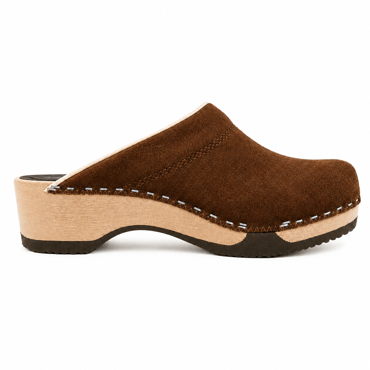 Pair of chocolate suede clogs on a white background