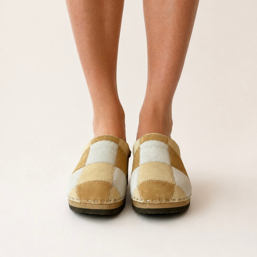 Embla | No. 1 Patchwork clog shoe in tan and cream suede