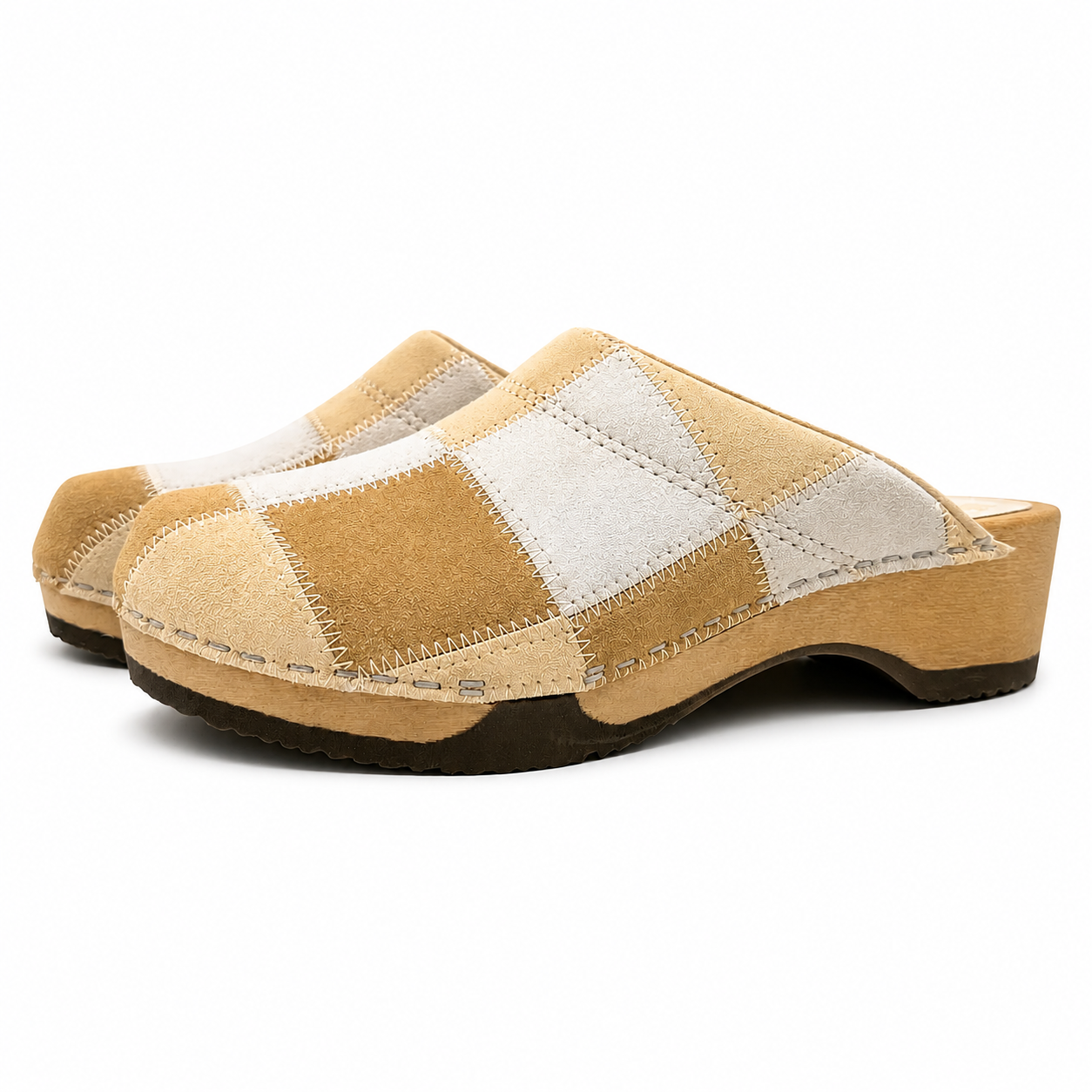 Embla | No. 1 Patchwork clog shoe in tan and cream suede