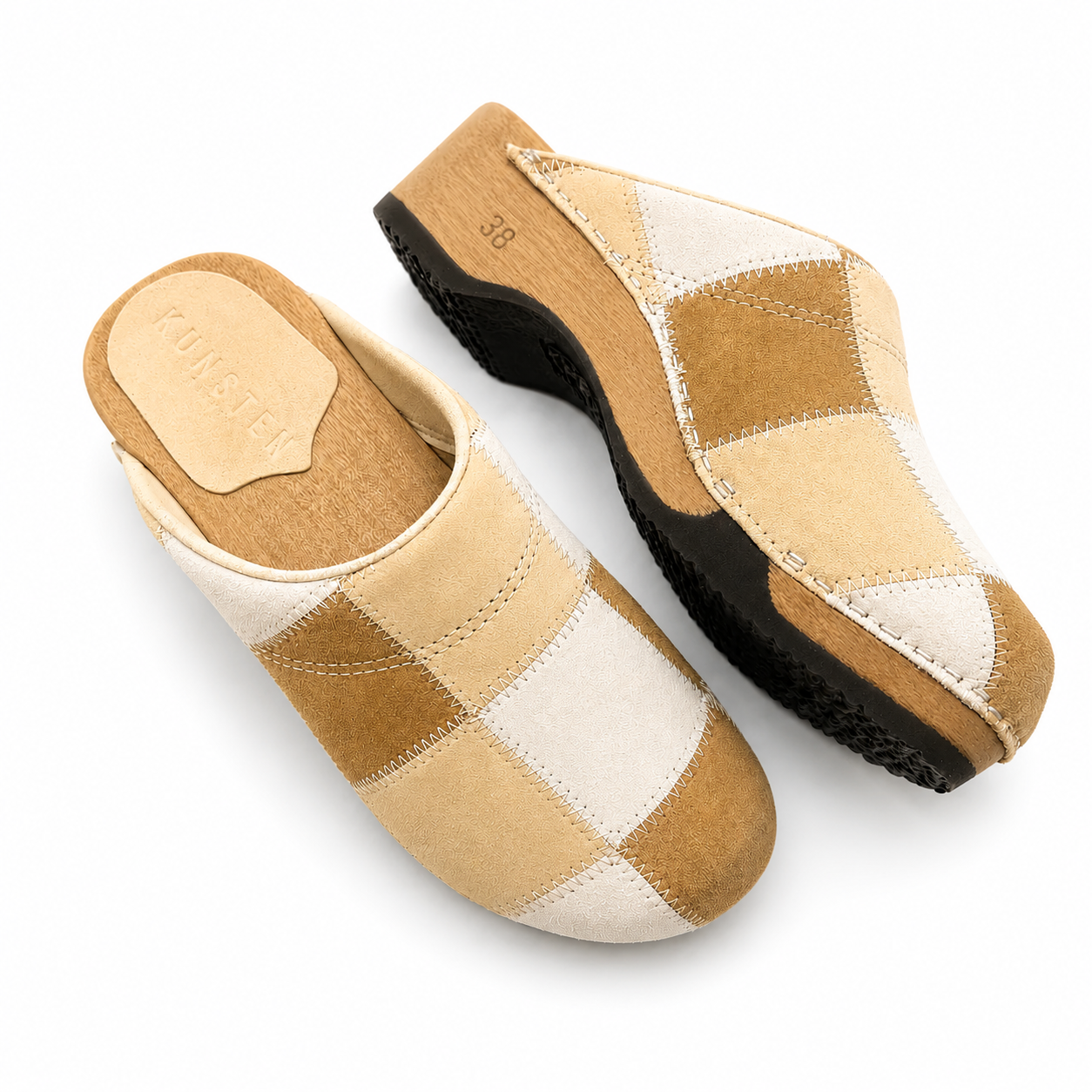 No. 1 patchwork clog shoe on a white background