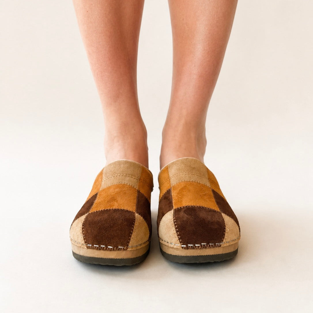 Embla | No. 3 Patchwork clog shoe in brown and rust suede