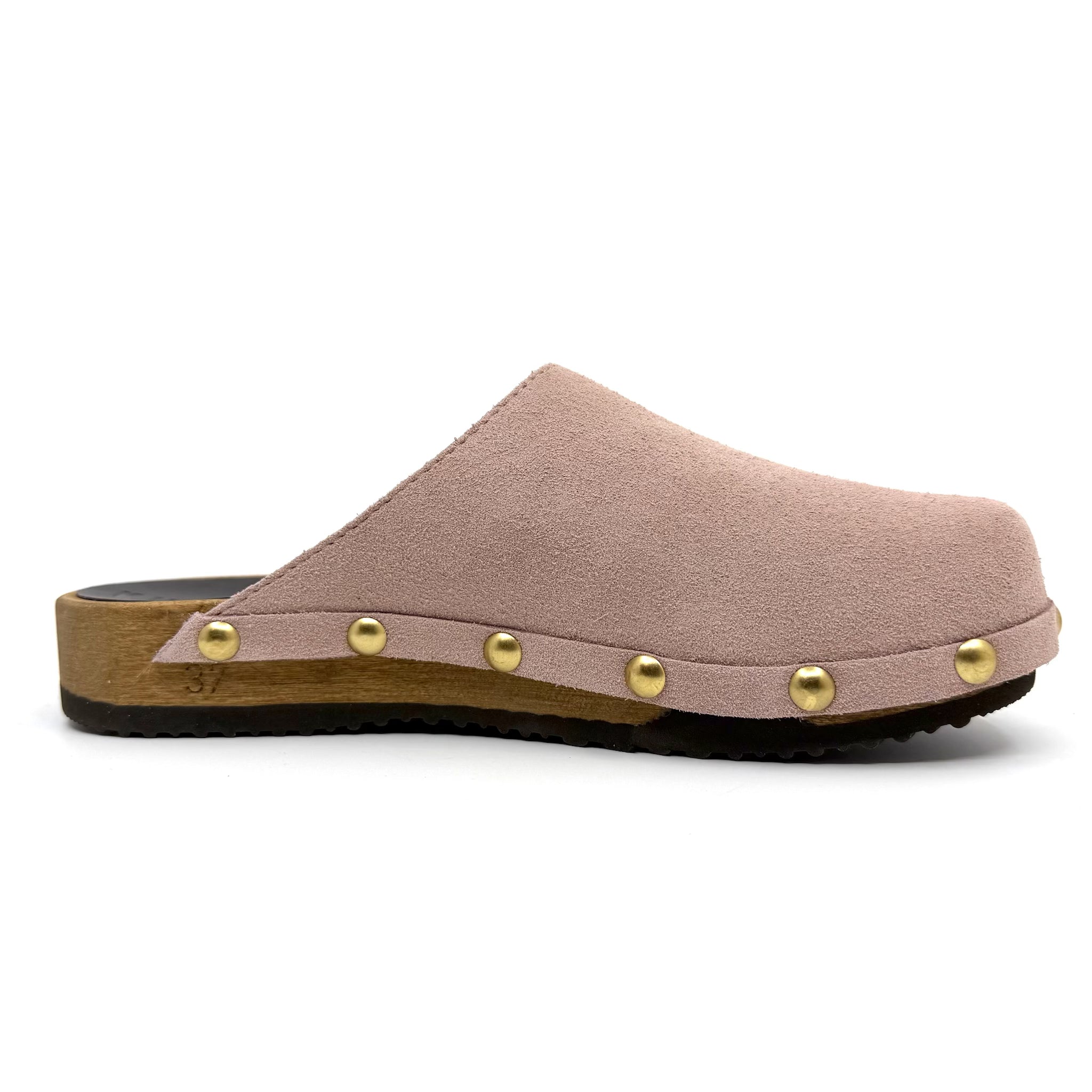 Brown clog shoe with gold studs on a white background