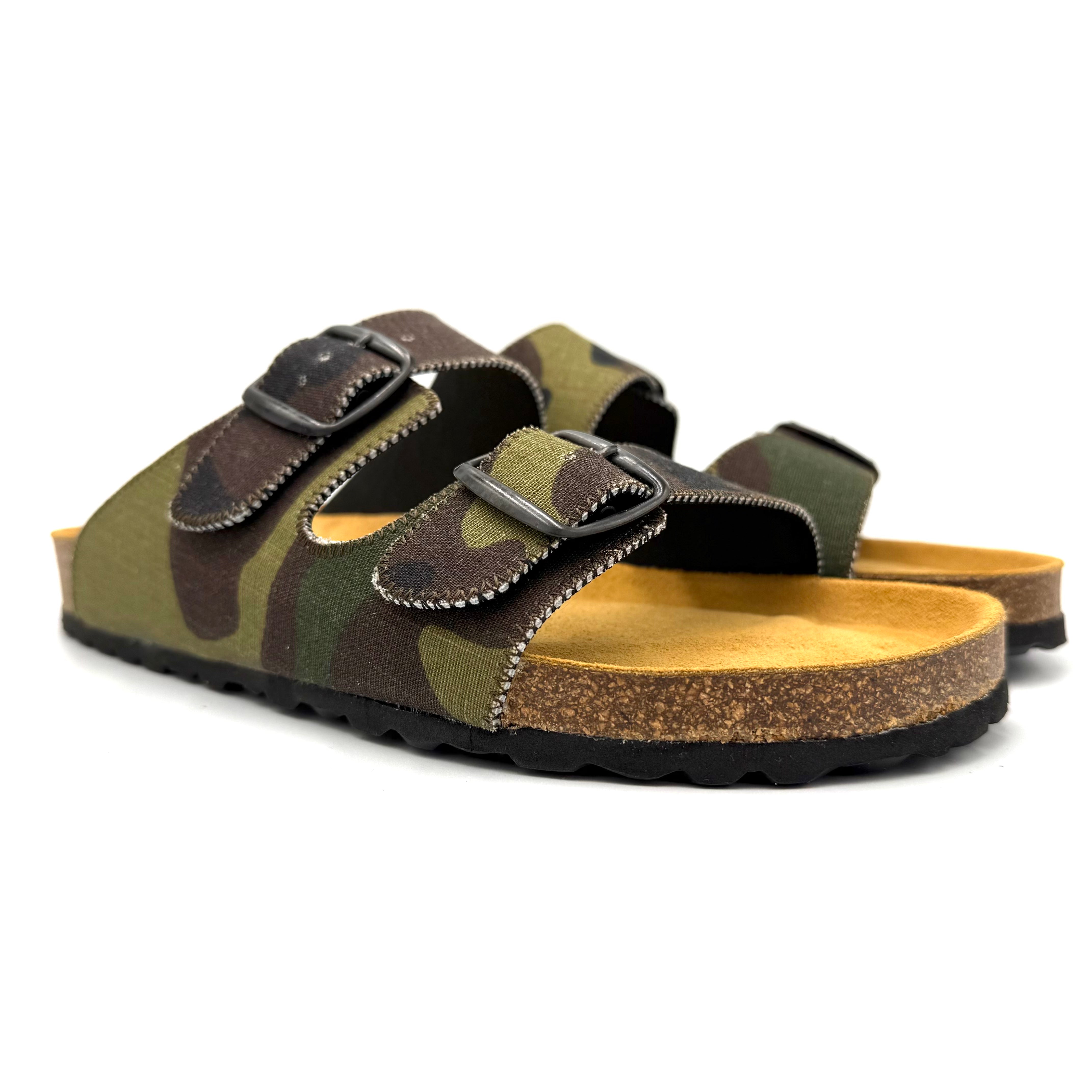 Camouflage-patterned sandals with brown soles on a white background