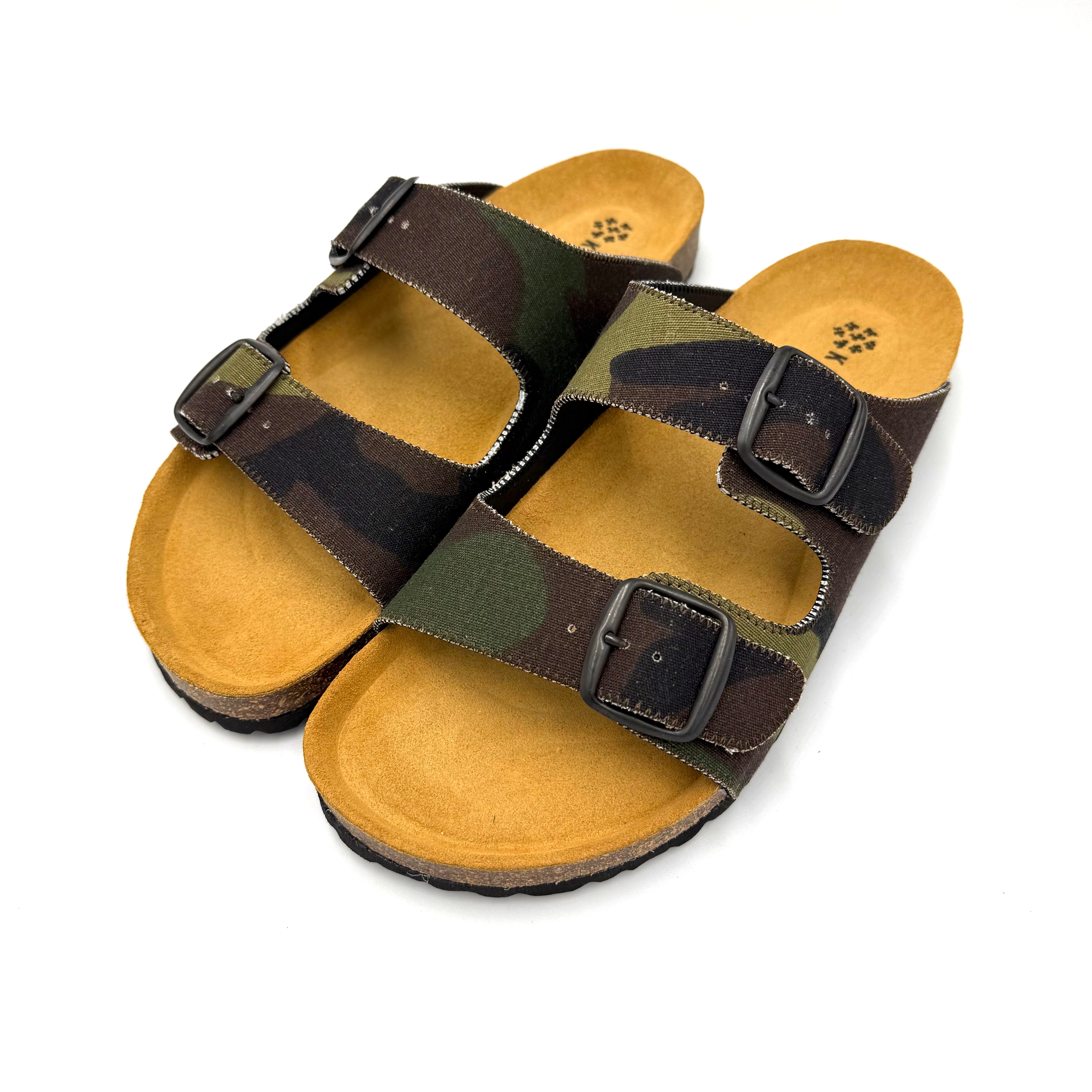 Camouflage-patterned sandals with brown soles on a white background