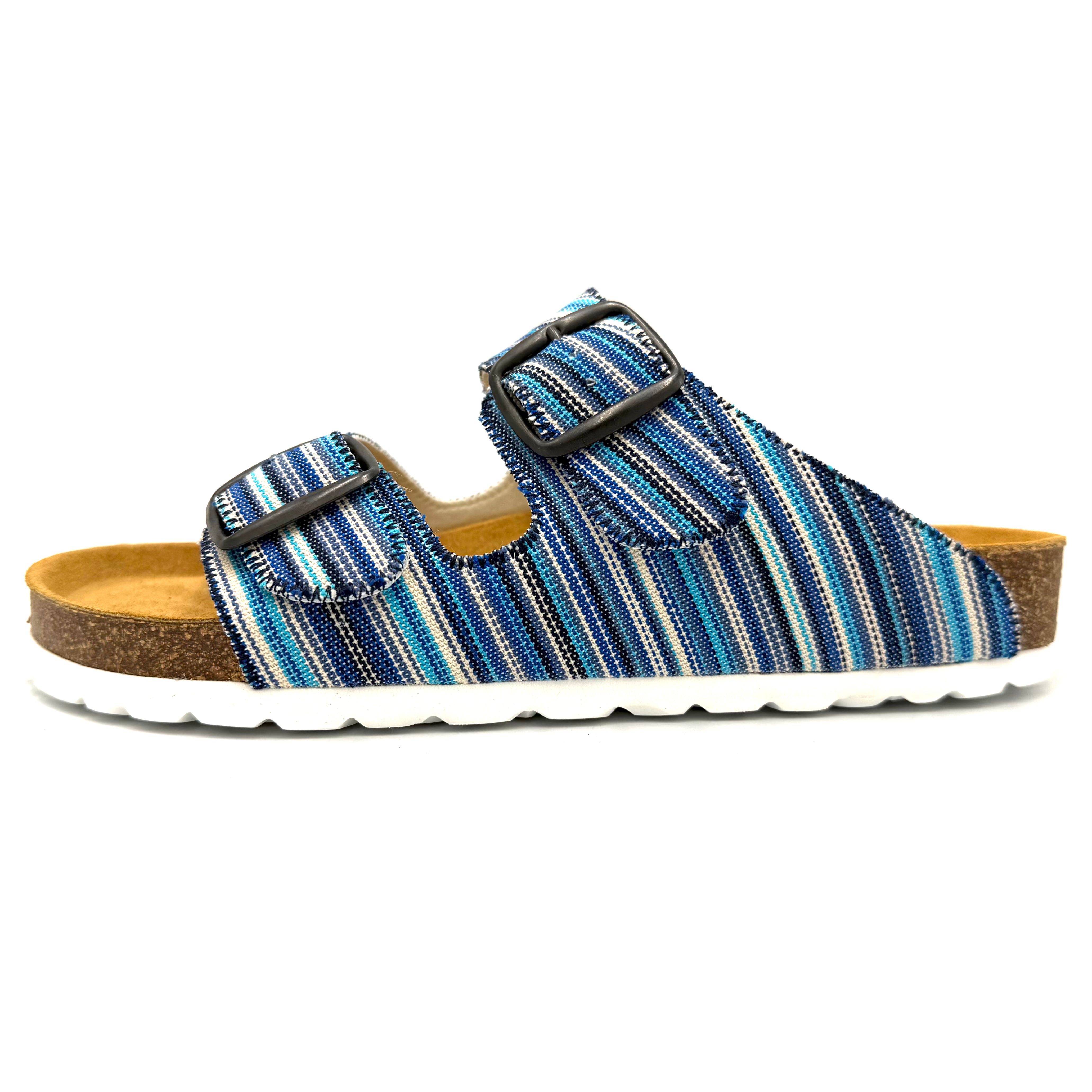 Blue striped sandal with a buckle on a white background