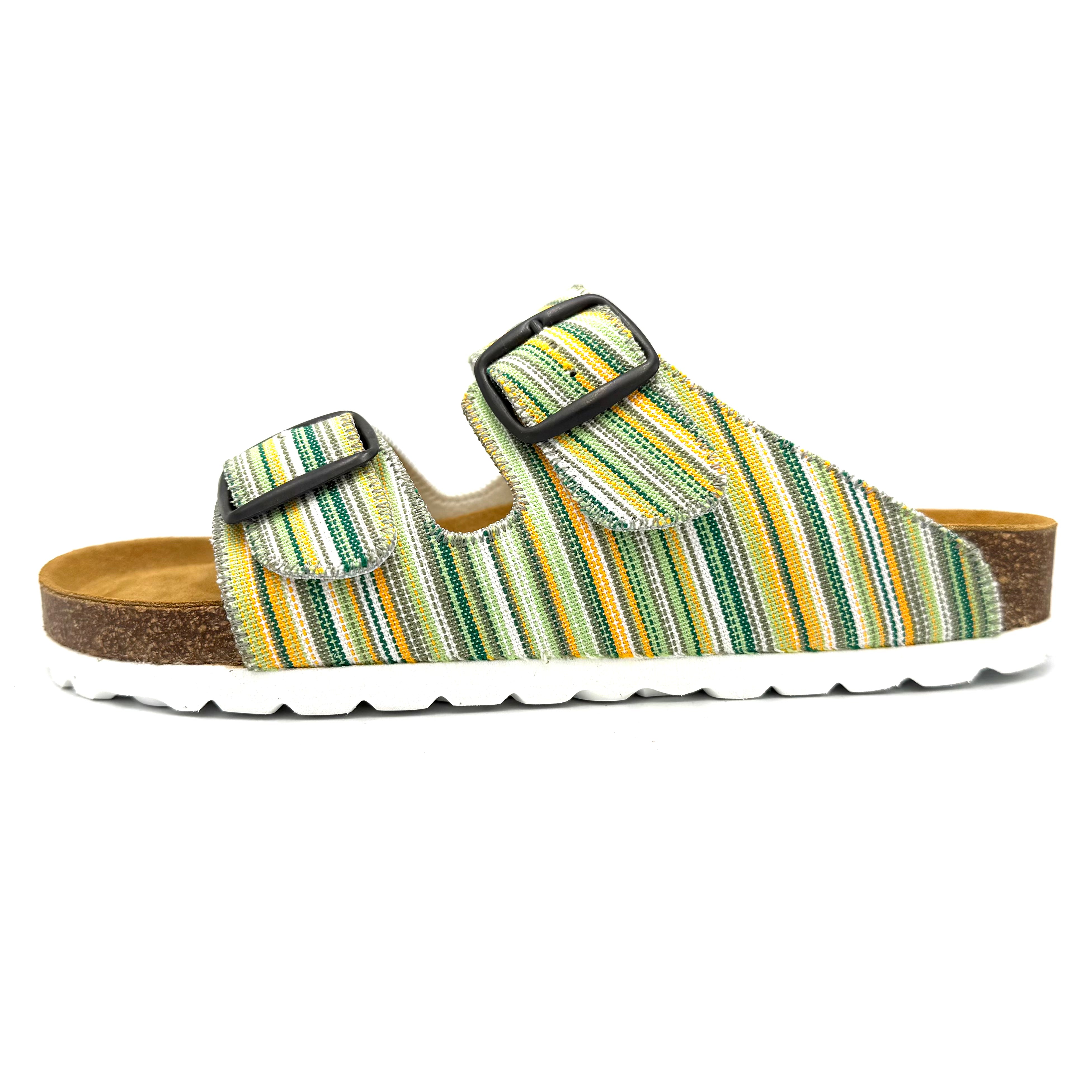 Striped sandal with a buckle on a white background