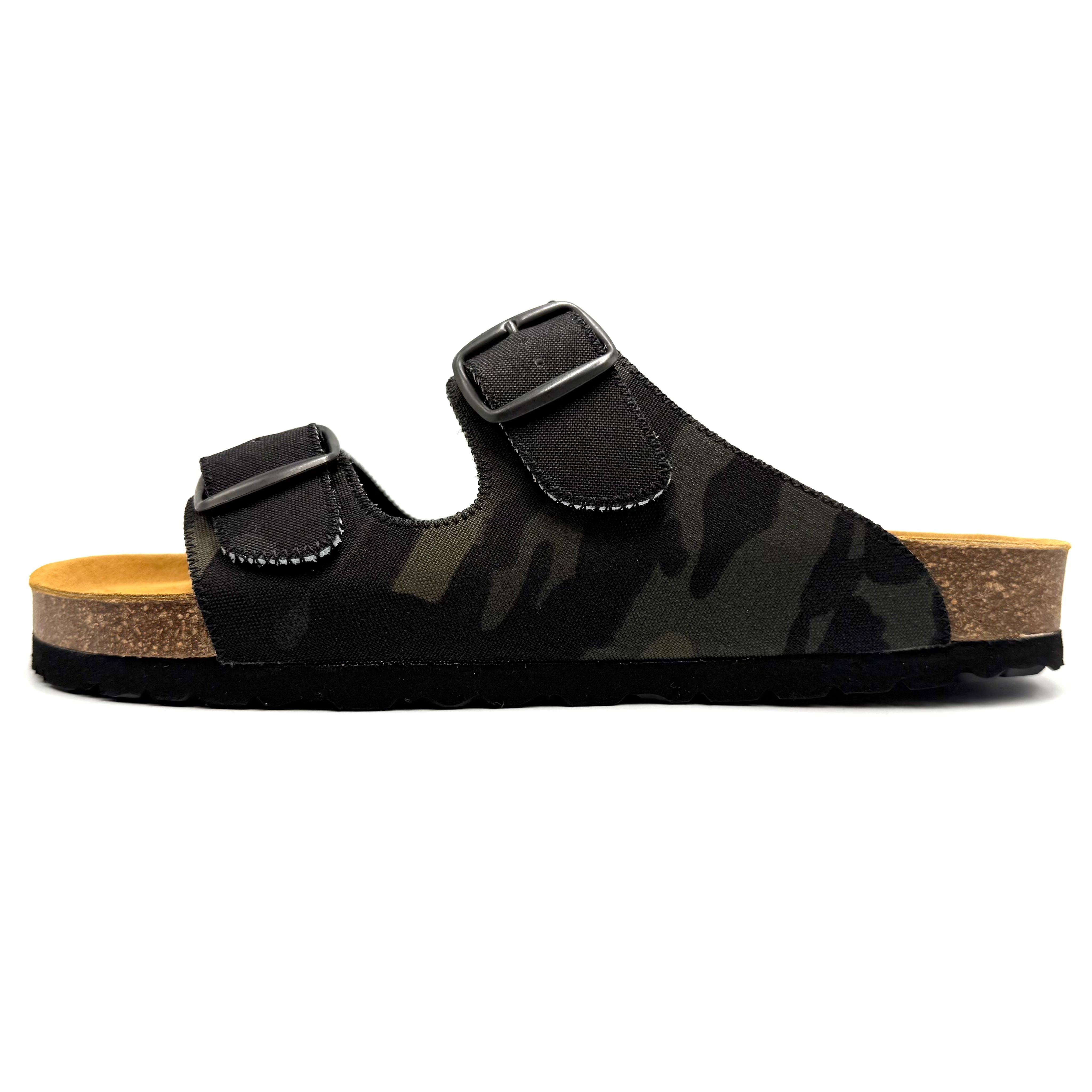 Black camouflage sandal with a cork sole on a white background