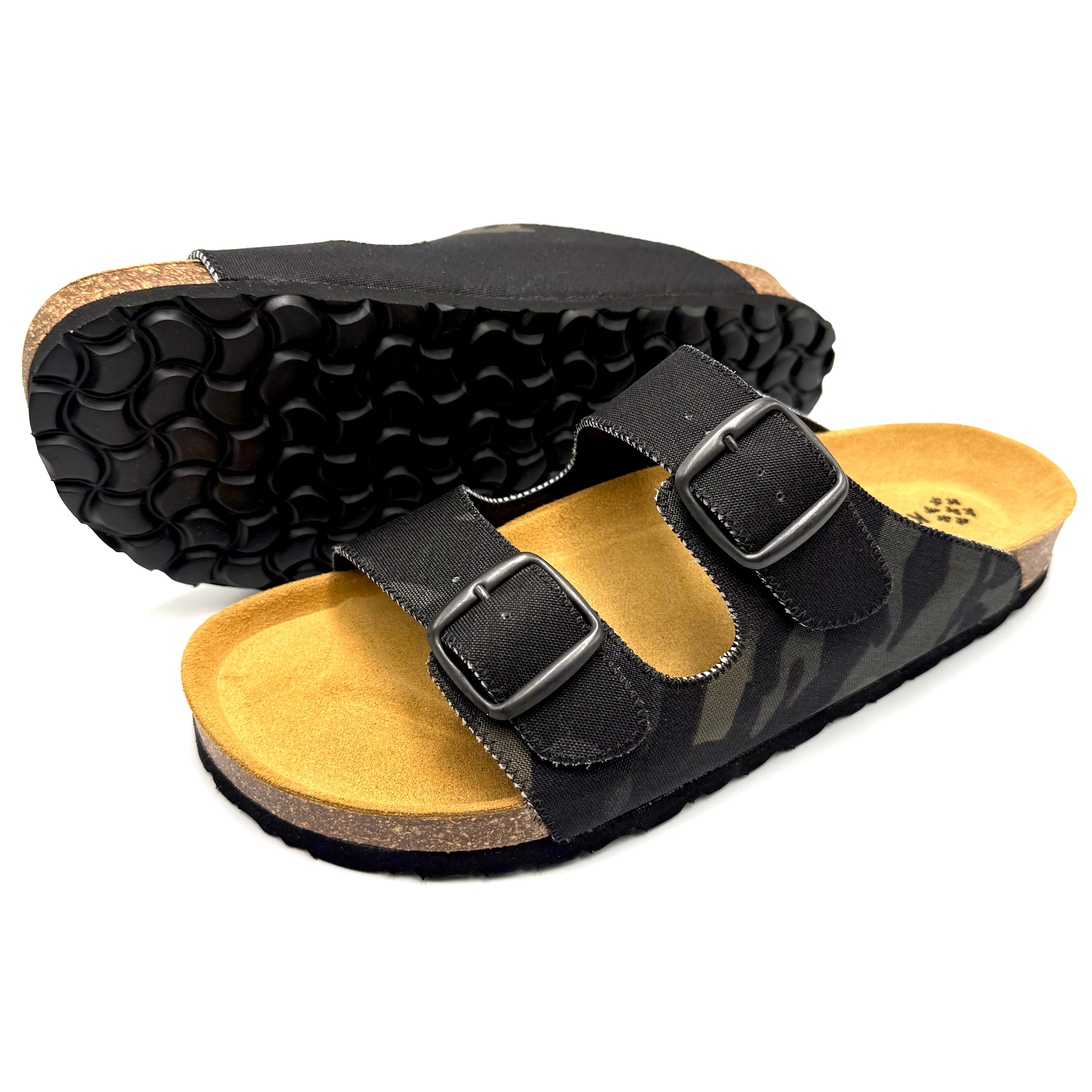 Black sandals with cork insoles on a white background